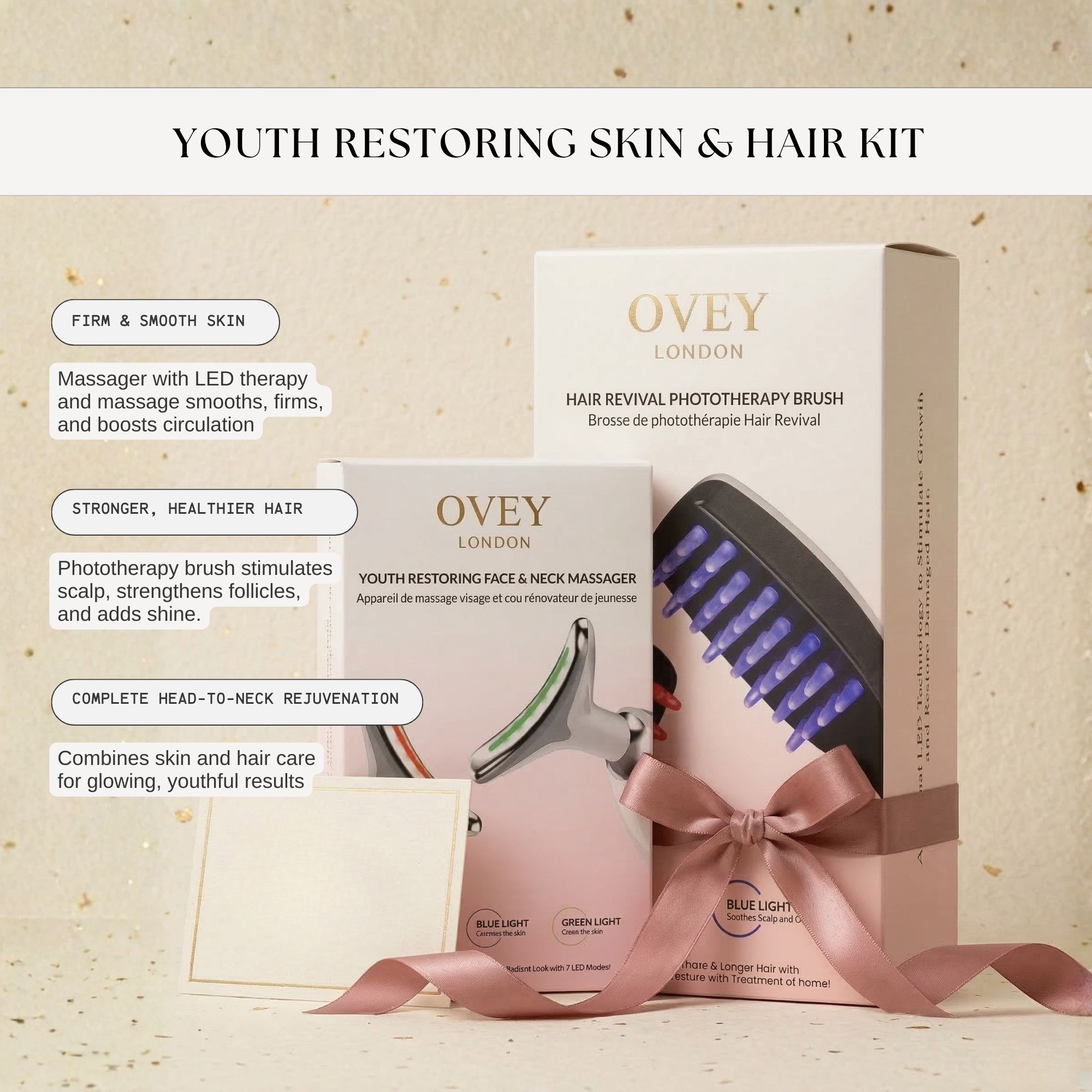 Productset met massageapparaat en haarborstel in een doos. Tekst: OVEY LONDON. Roze strik. Tekstvakken met productinfo.