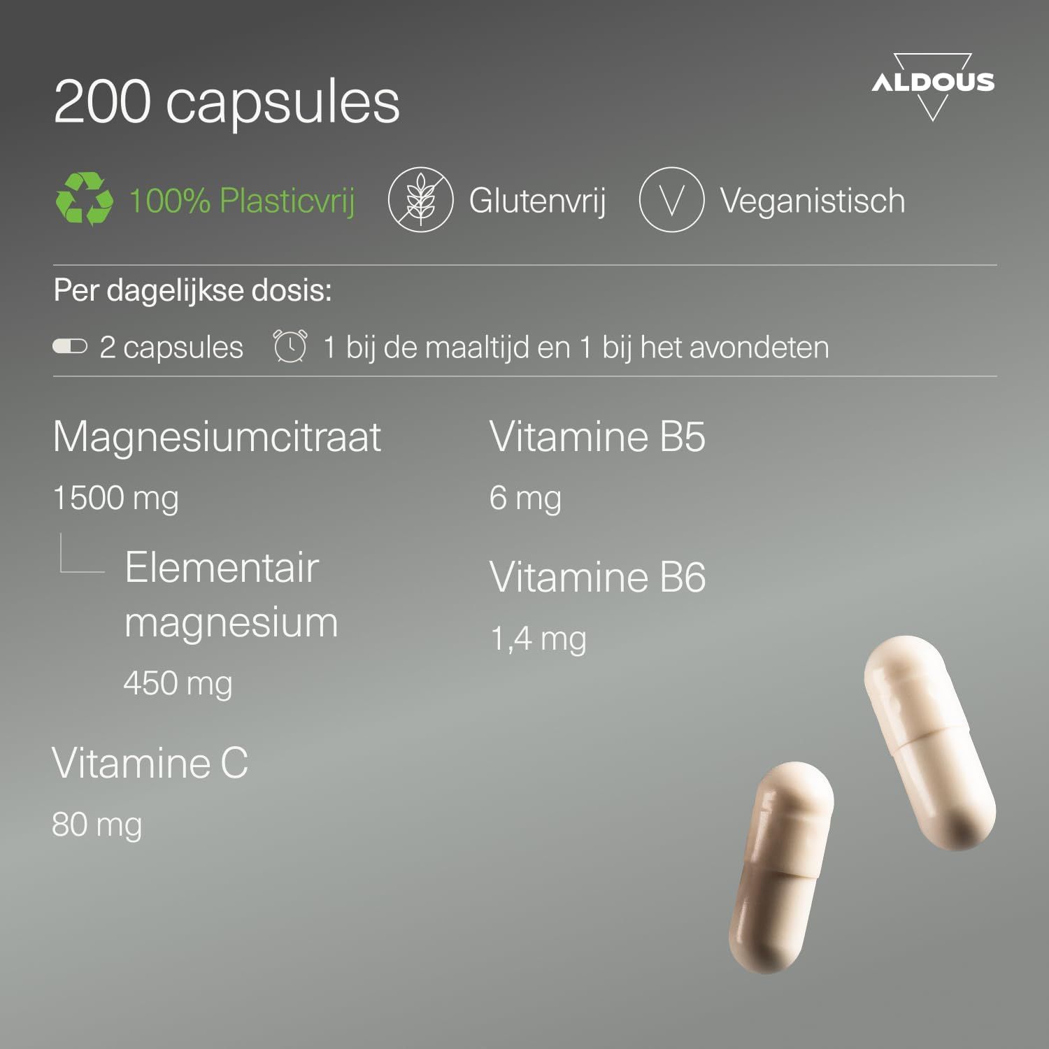 200 capsules, 100% plasticvrij, glutenvrij, veganistisch. Bevat magnesiumcitraat, elementair magnesium, vitamine B5, B6, C.