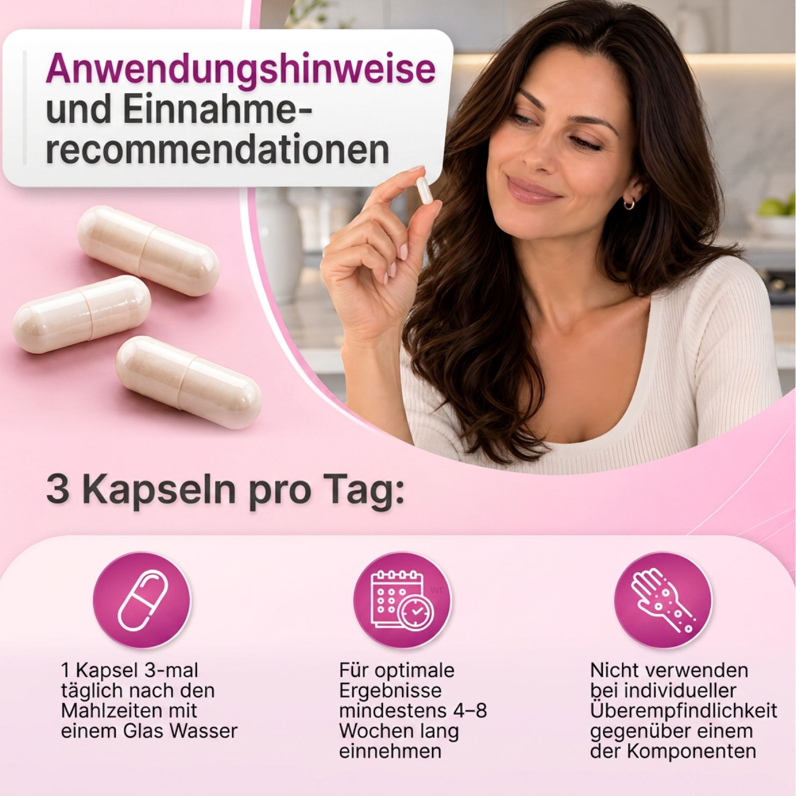 Vrouw met Geberich VenaRix capsules, gebruiksaanwijzing: 3 capsules per dag.