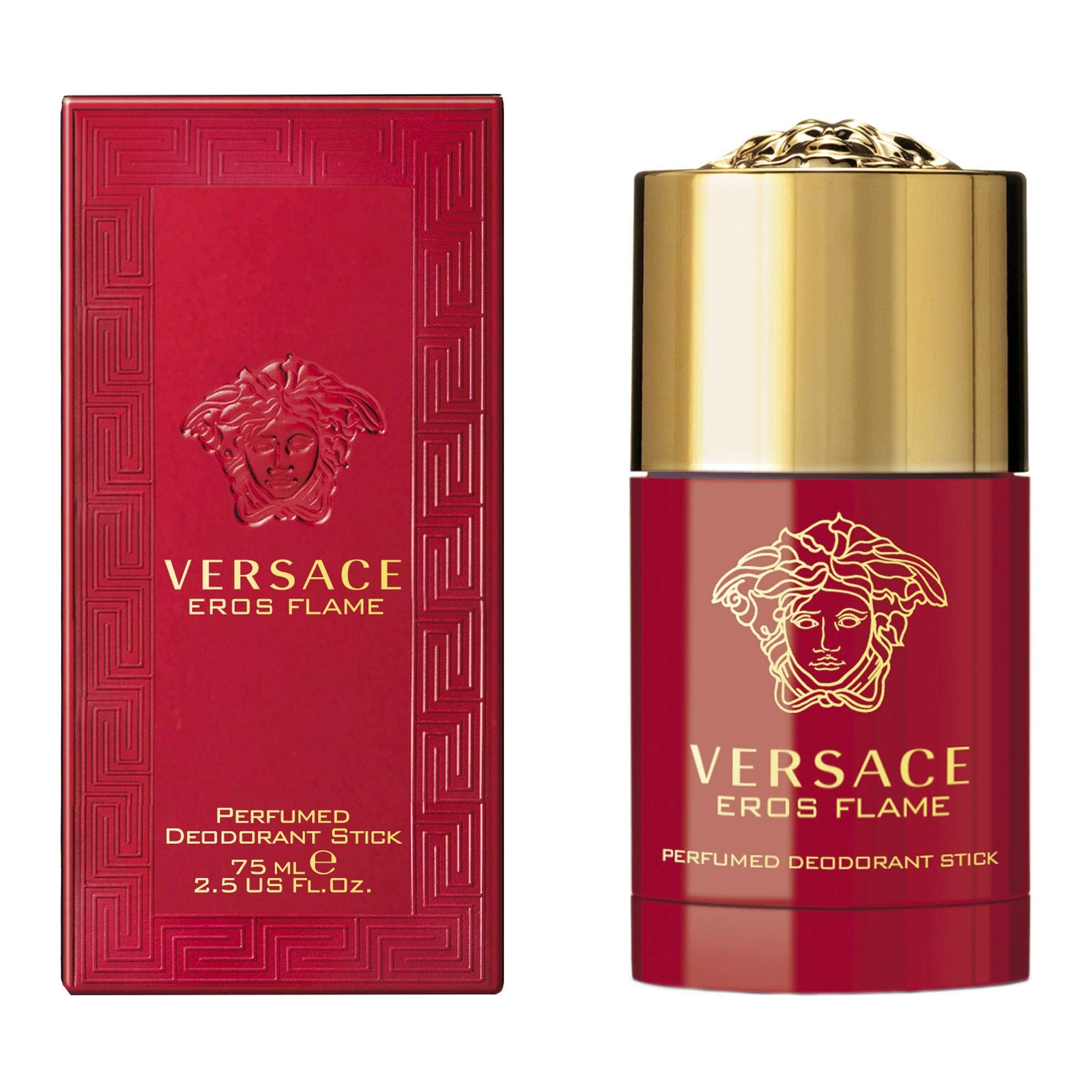 Rode deodorantstick en verpakking. Opschrift: Versace Eros Flame. Geparfumeerde deodorantstick. 75 ml.