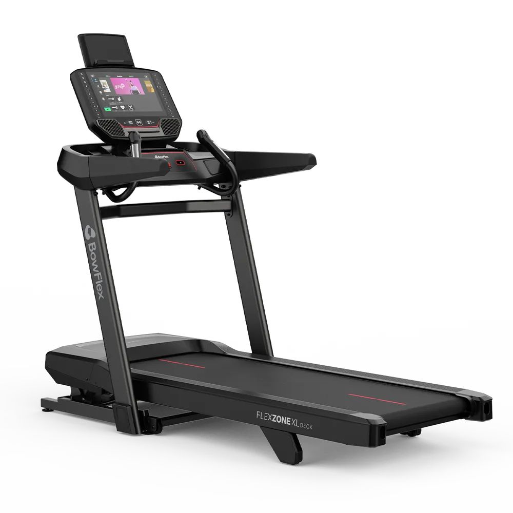 Tapis roulant noir avec écran tactile et nom de marque BowFlex. Texte : FLEXZONE XL.