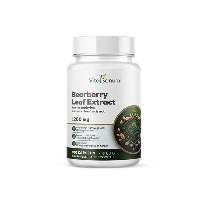 Flacon blanc VitaSanum® avec étiquette. Inscription: Bearberry Leaf Extract, 1200 mg. 100 gélules.
