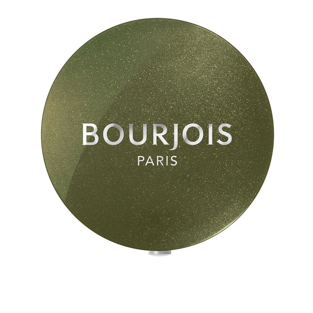 Gesloten ronde oogschaduwpot. Zilverkleurig 'BOURJOIS PARIS' op deksel. Kaki deksel.