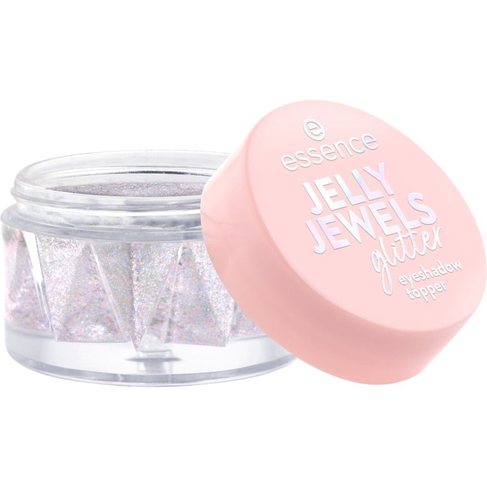 Pot ouvert de Jelly Jewels Glitter. Couvercle rose avec texte blanc. Texture scintillante et transparente dans le pot.