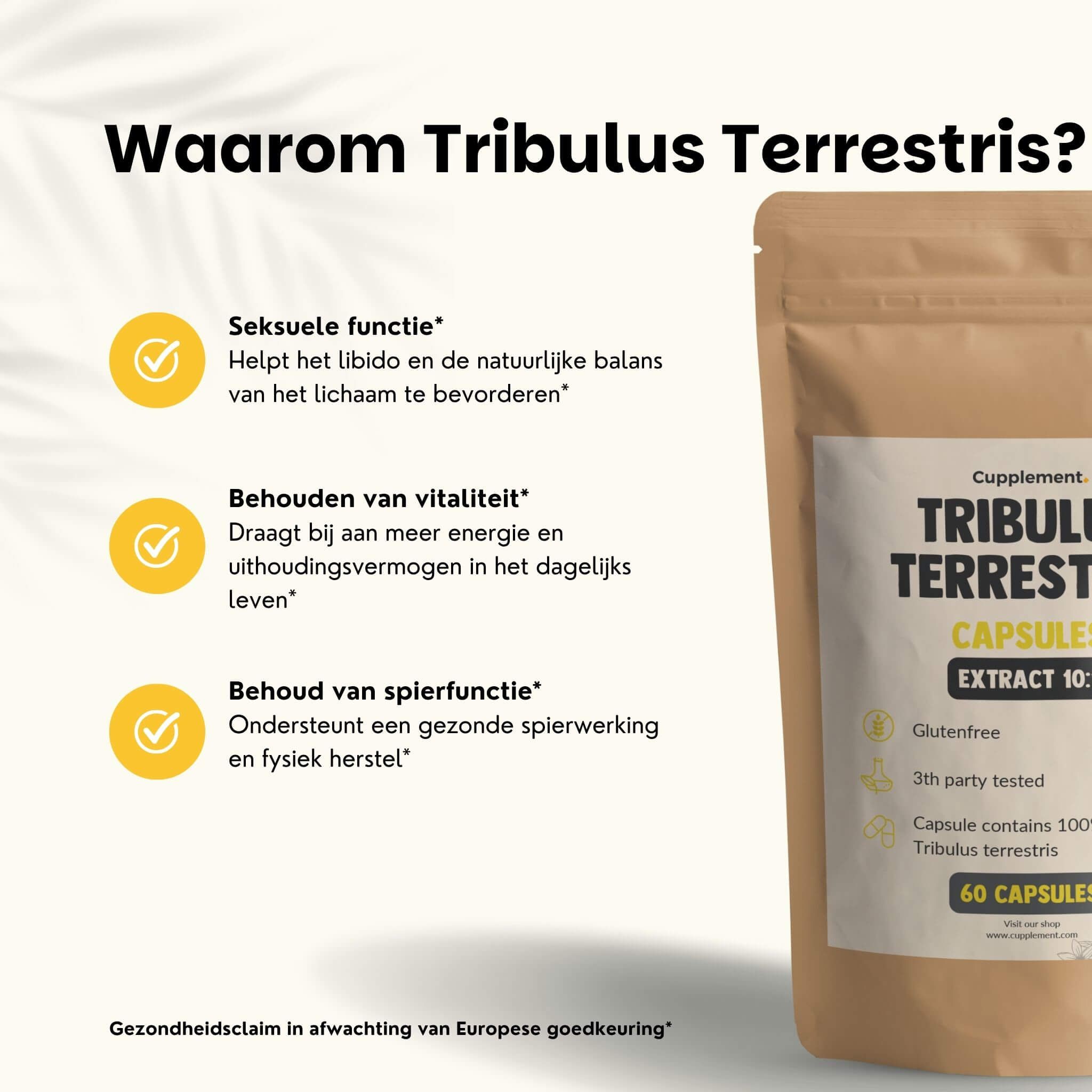 Productverpakking. Tekst: Waarom Tribulus Terrestris? Seksuele functie, vitaliteit, spierfunctie.
