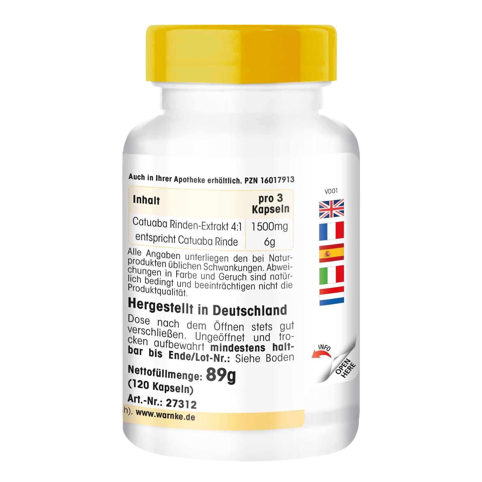 Dos du flacon blanc à bouchon jaune. Texte: Contenu, fabriqué en Allemagne. Poids net: 89g (120 gélules).