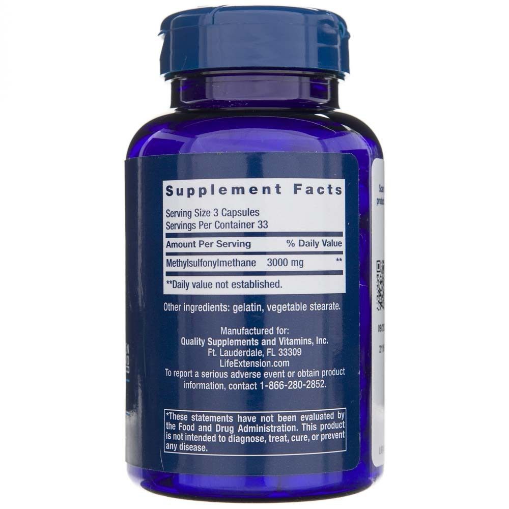 Dos de la bouteille Life Extension MSM 1000 mg avec faits nutritionnels et informations du fabricant.