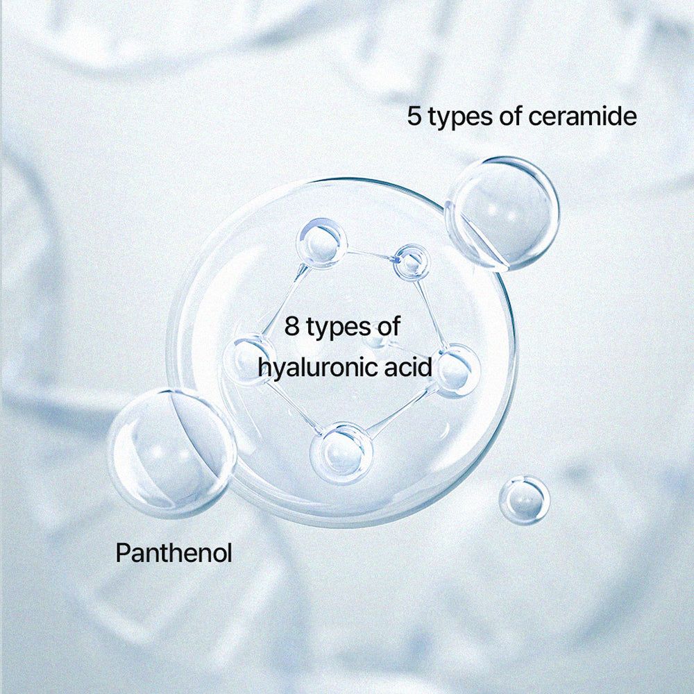 Graphique avec texte: 5 types de céramides, 8 types d'acide hyaluronique, Panthénol. Design bulles.