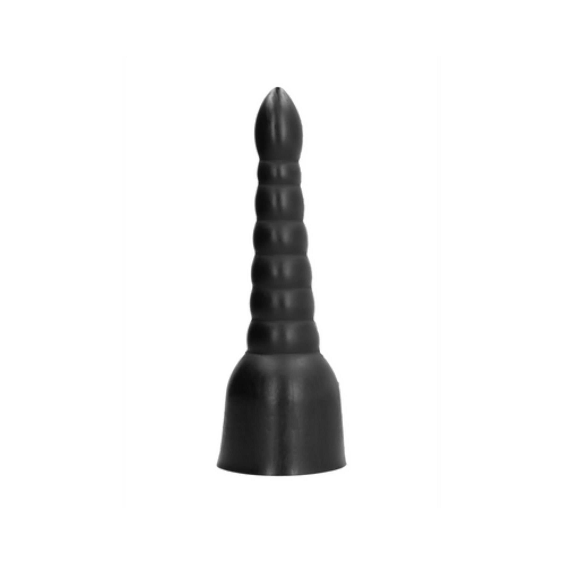 Dildo noir avec forme étagée et base large.