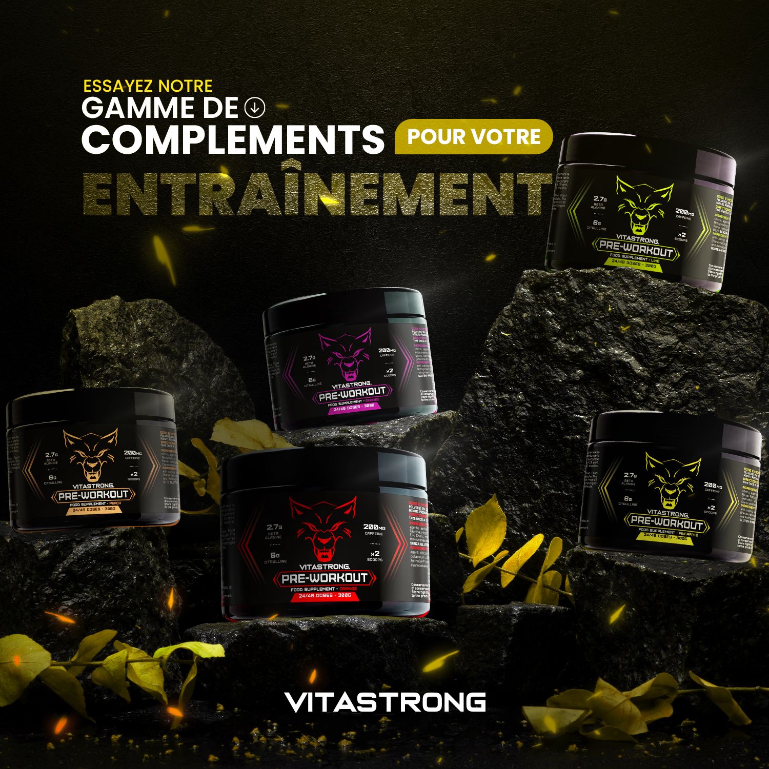 Meerdere potten op rotsen. Tekst: Supplementen voor je training. Vitastrong Pre-Workout.