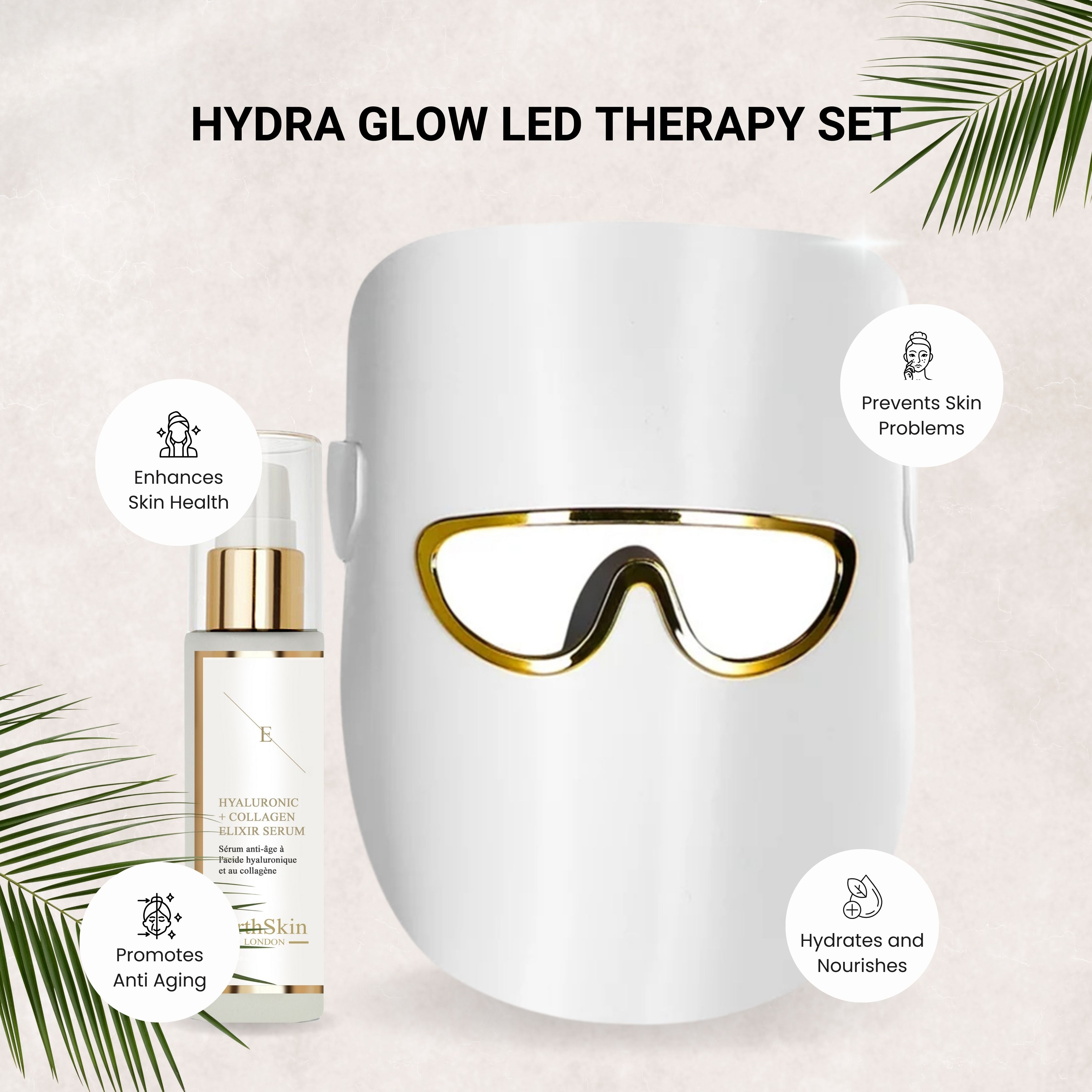 Wit LED-gezichtsmasker met gouden accenten en serumfles. Tekst: Hydra Glow LED Therapy Set, ErthSkin.