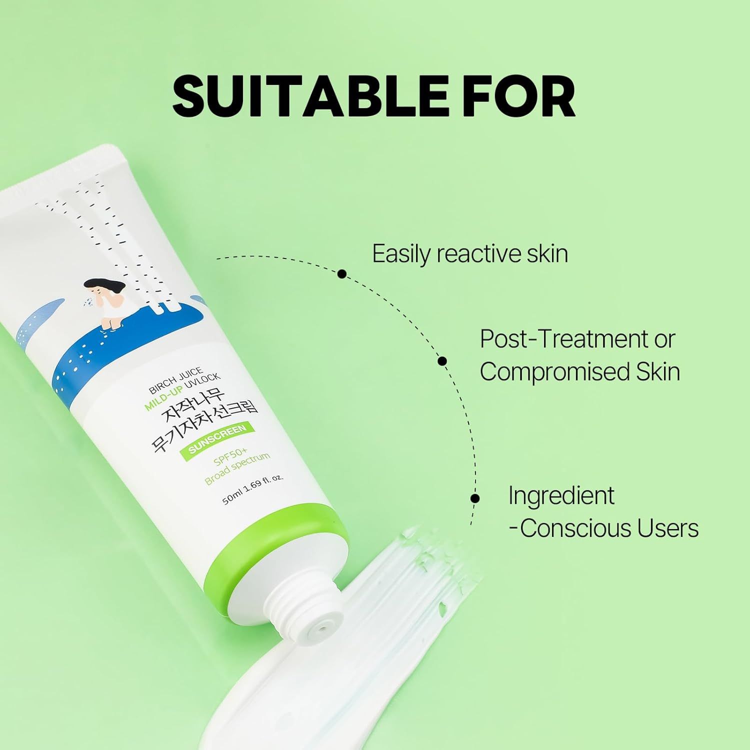 Tube avec crème. Texte: Convient pour: peau facilement réactive, après traitement, utilisateurs conscients.