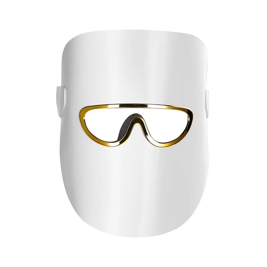 Masque blanc de luminothérapie LED avec cadre doré autour des yeux.