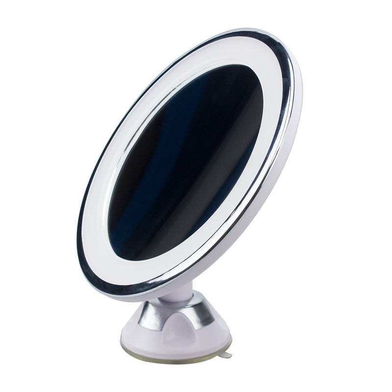 Miroir cosmétique ovale blanc avec anneau lumineux LED et support à ventouse.
