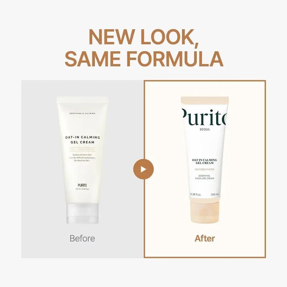 Comparaison avant-après. Deux tubes. OAT-IN CALMING GEL CREAM. Texte. Logo PURITO.