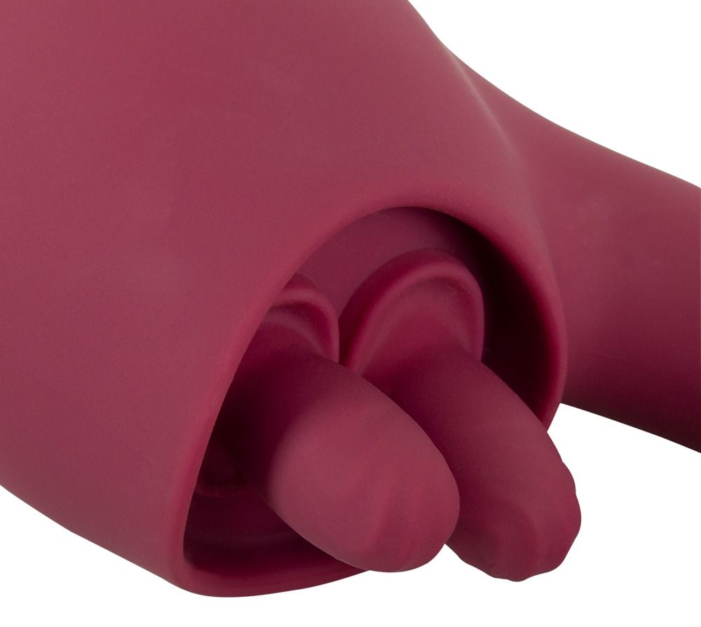 Close-up van de punt van een paarse vibrator met twee flexibele, bewegende stimulatoren.