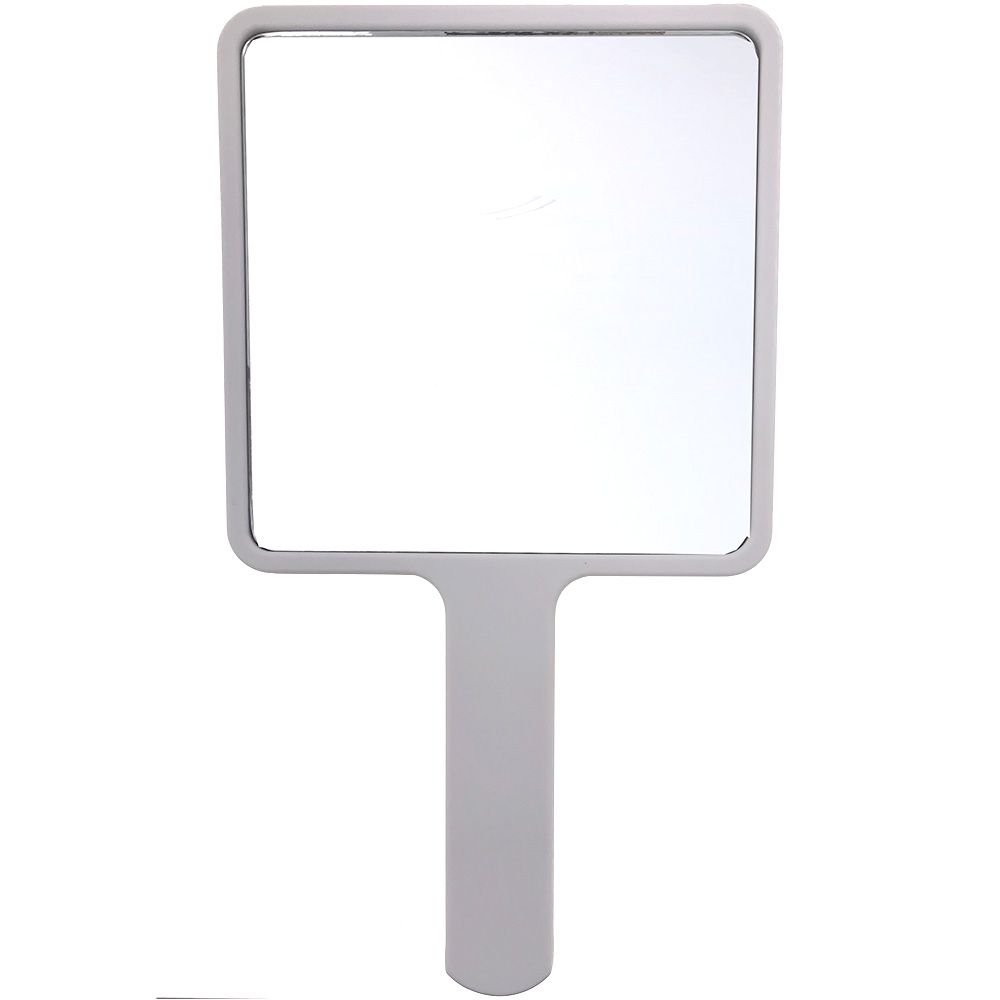 Miroir à main carré blanc avec manche.