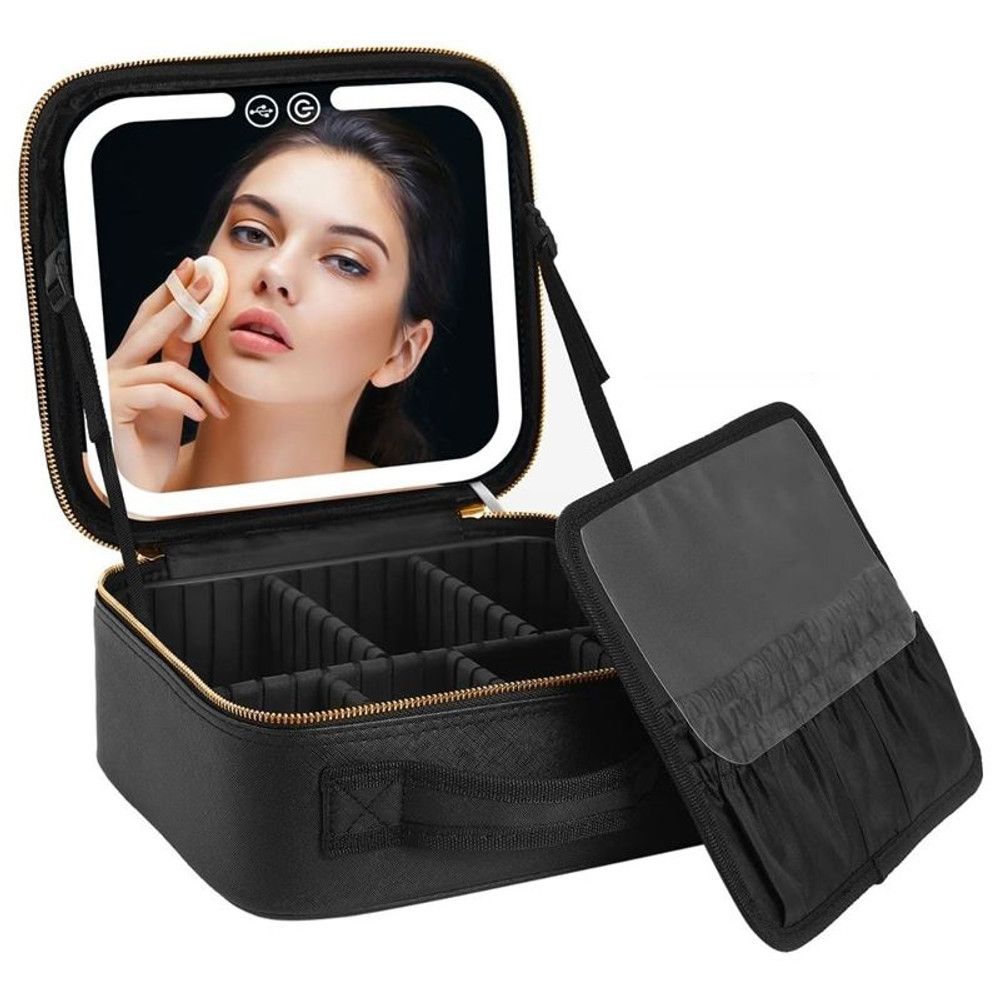 Trousse de maquillage noire avec miroir éclairé et compartiments.