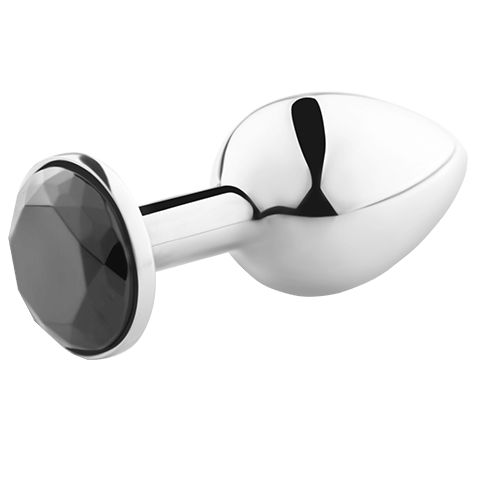 Plug anal argenté avec détail de cristal noir sur la bride.