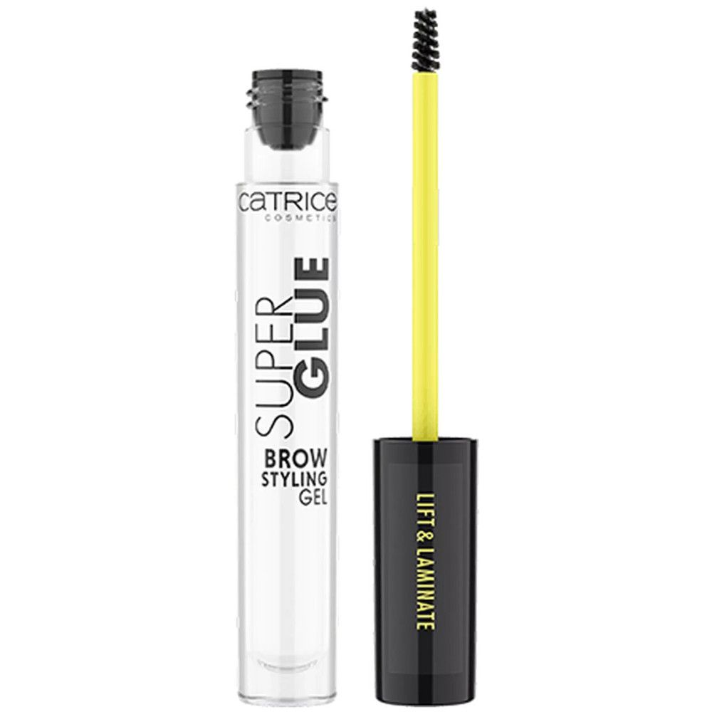 Gel coiffant pour sourcils transparent avec brosse. Bouchon noir, tige jaune. Inscription: Super Glue, Brow Styling Gel.