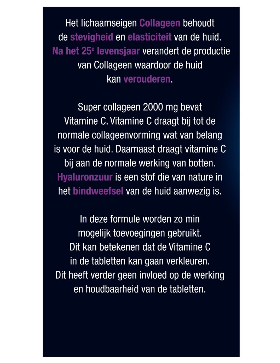 Tekst over de werking van collageen en vitamine C. Vermeldt hyaluronzuur. Beschrijft de ingrediënten.