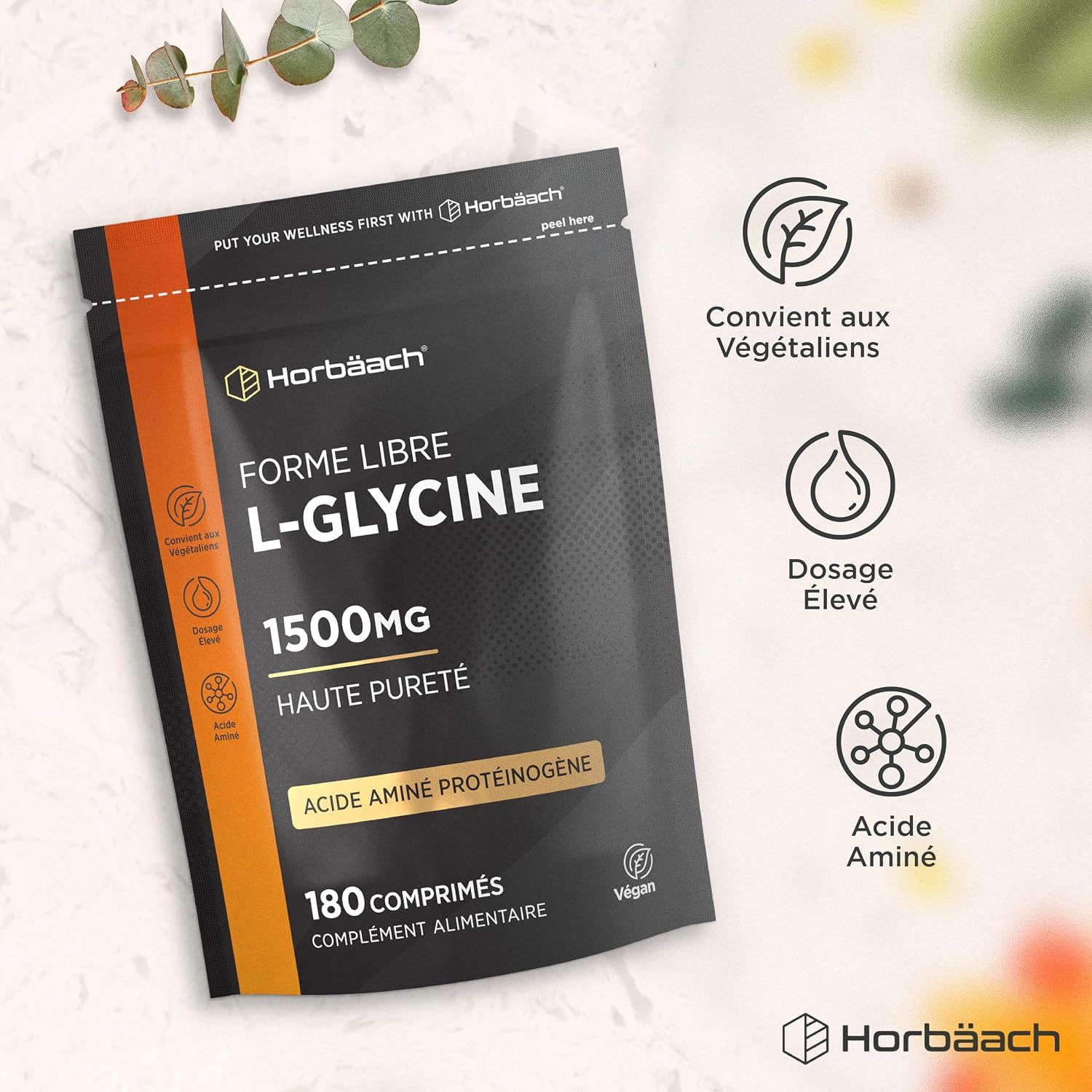 Sachet Horbaach L-Glycine, 1500mg, 180 comprimés, acide aminé, végétalien.