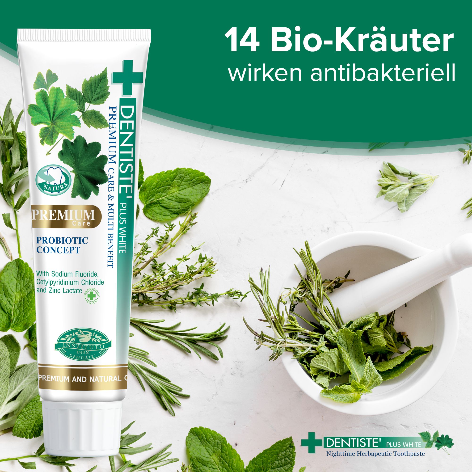 Tube de dentifrice avec herbes et texte. 14 Bio-herbes. Premium Care & Multi Benefit. Probiotic Concept. Avec fluorure de sodium.
