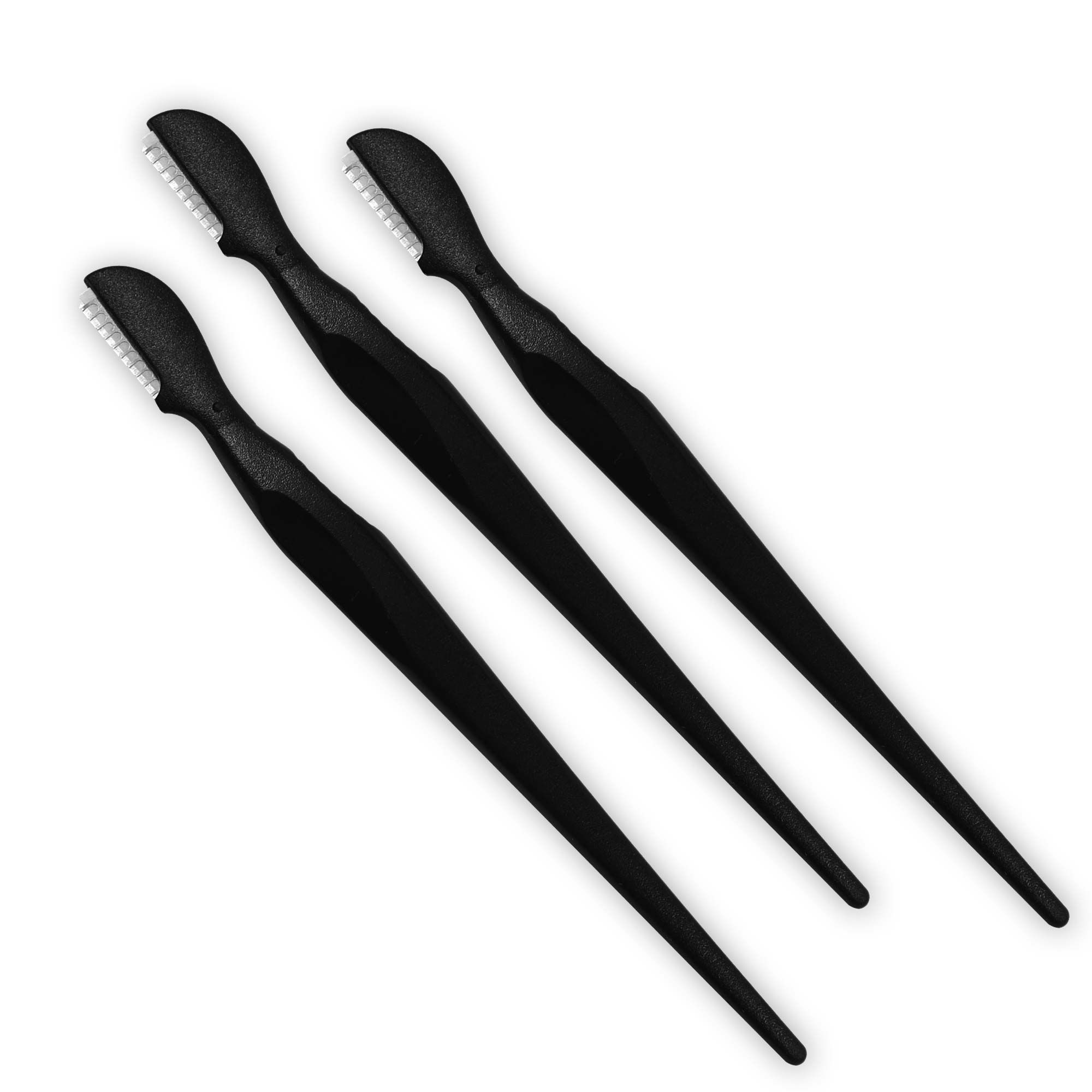 Trois rasoirs à sourcils noirs avec lames et manche.