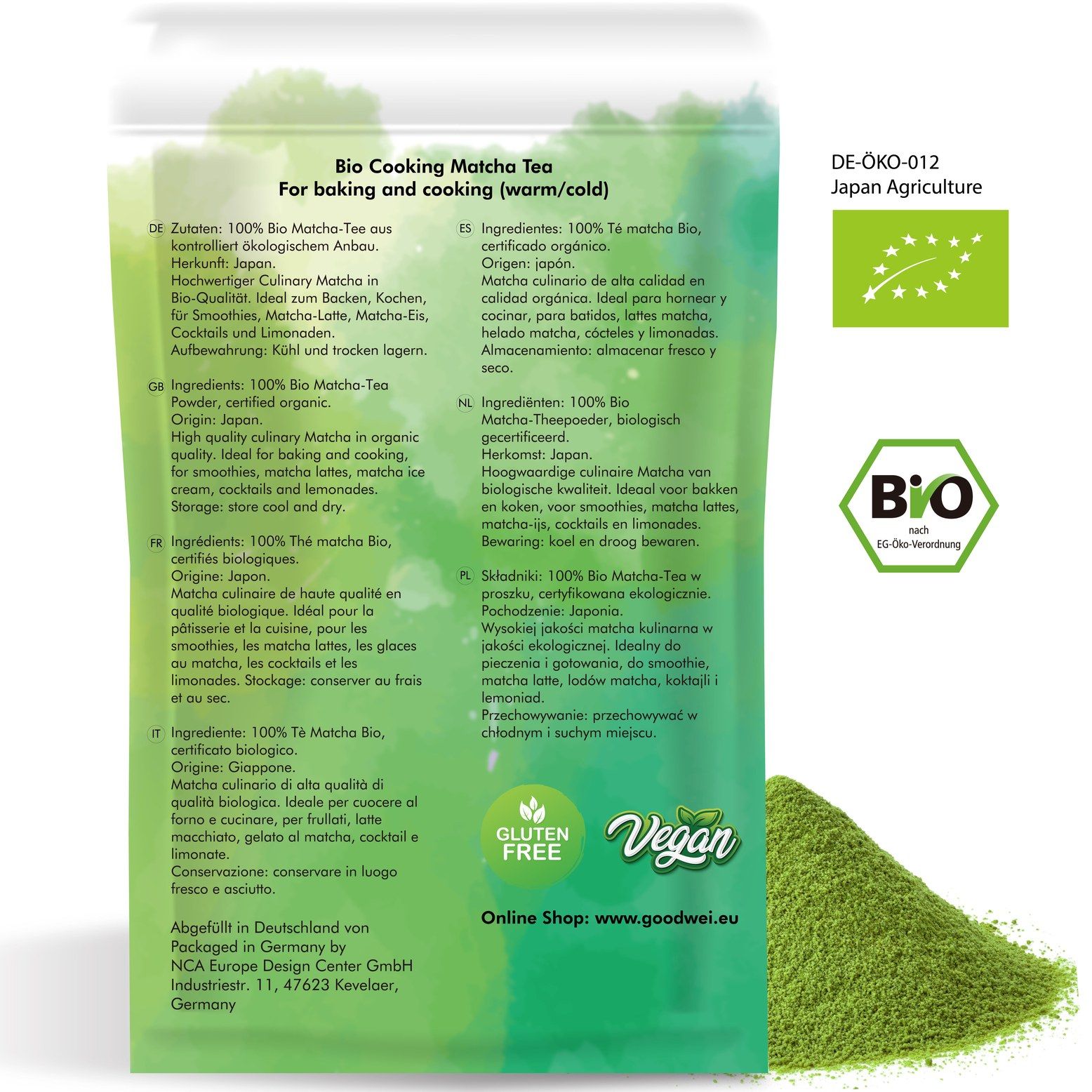 Achterkant van de Matcha poeder verpakking. Tekst in Duits, Engels, Spaans, Frans, Italiaans, Nederlands, Pools. Bio-keurmerk, glutenvrij, vegan.