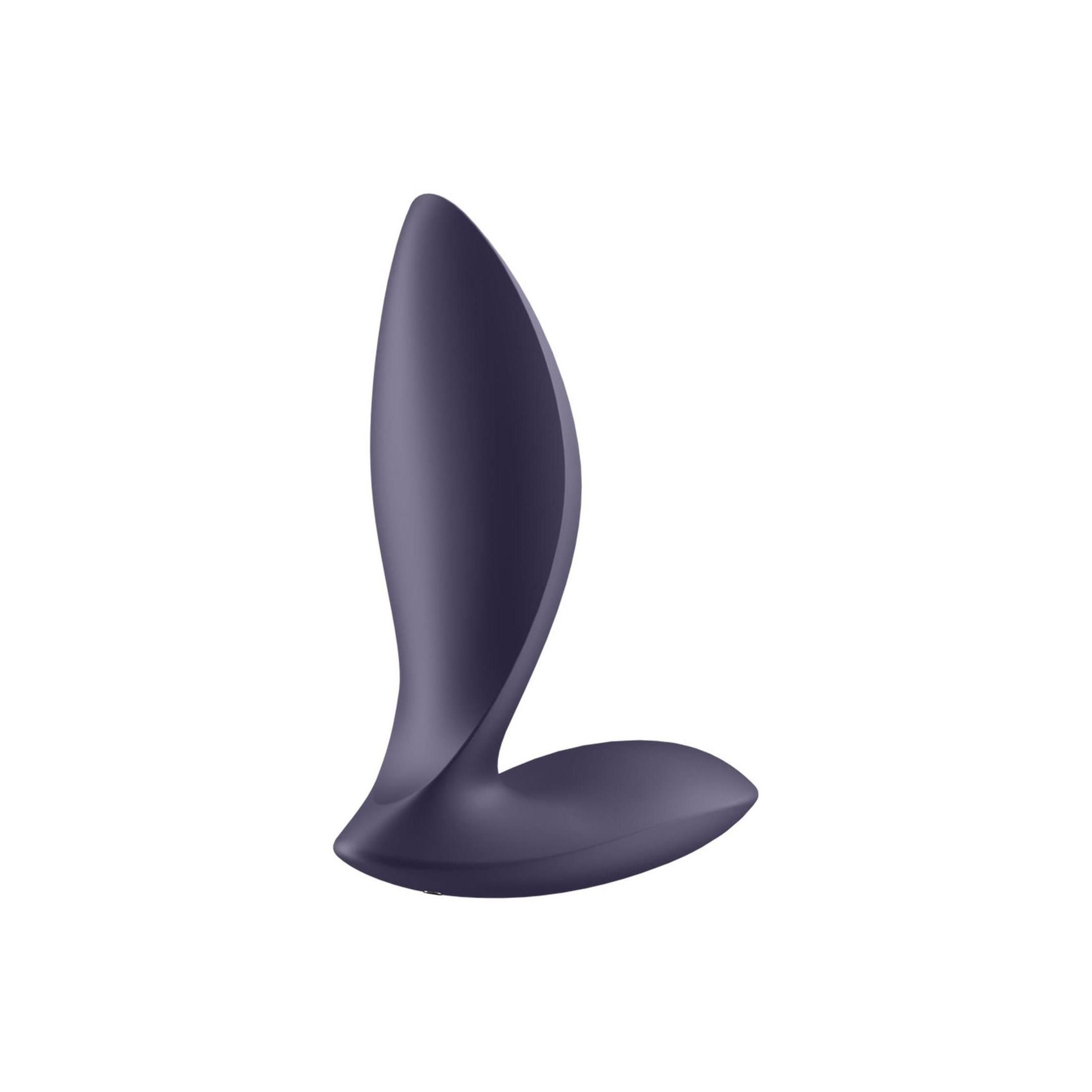 Vibrateur anal violet foncé vu de côté, de forme incurvée avec une base large.