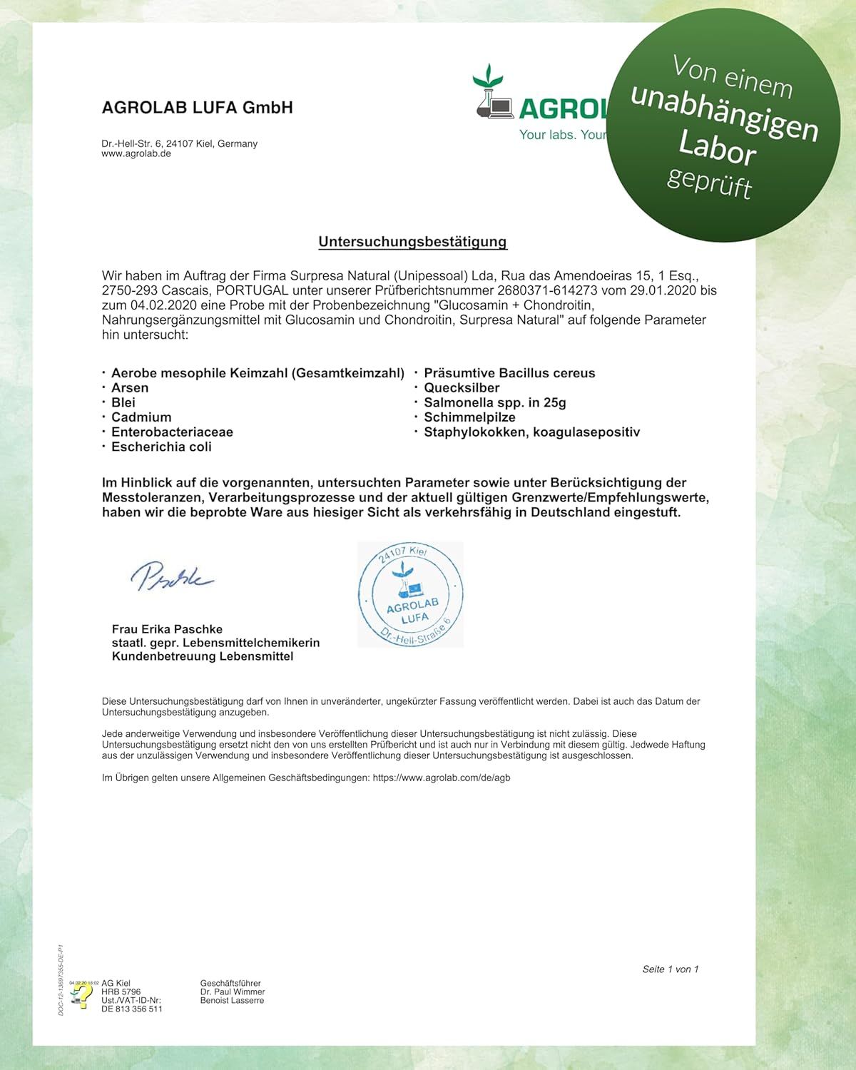 Laboratoriumrapport voor Surpresa Natural Glucosamin + Chondroitin Plus van Agrolab.