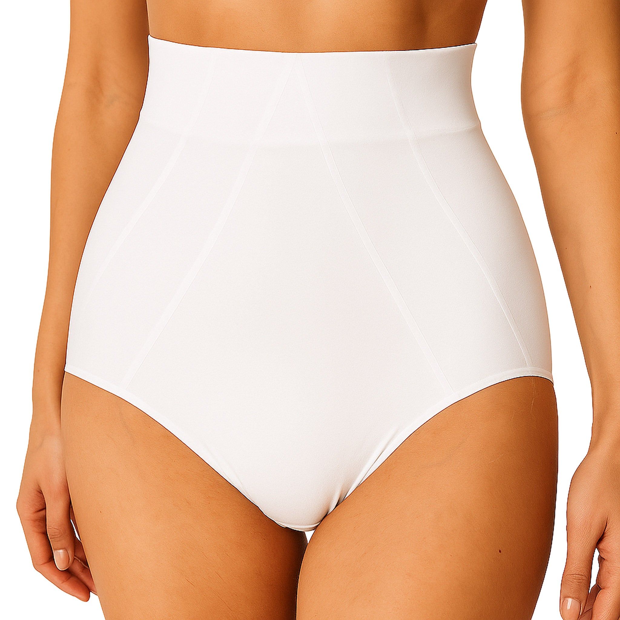 Witte postpartum broek met hoge taille. Katoen. Verticale naden. Gedragen door een persoon.