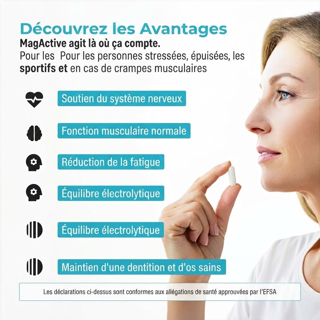 Femme tenant une gélule blanche. Liste d'avantages : système nerveux, fonction musculaire, réduction de la fatigue, équilibre électrolytique, dents et os sains.
