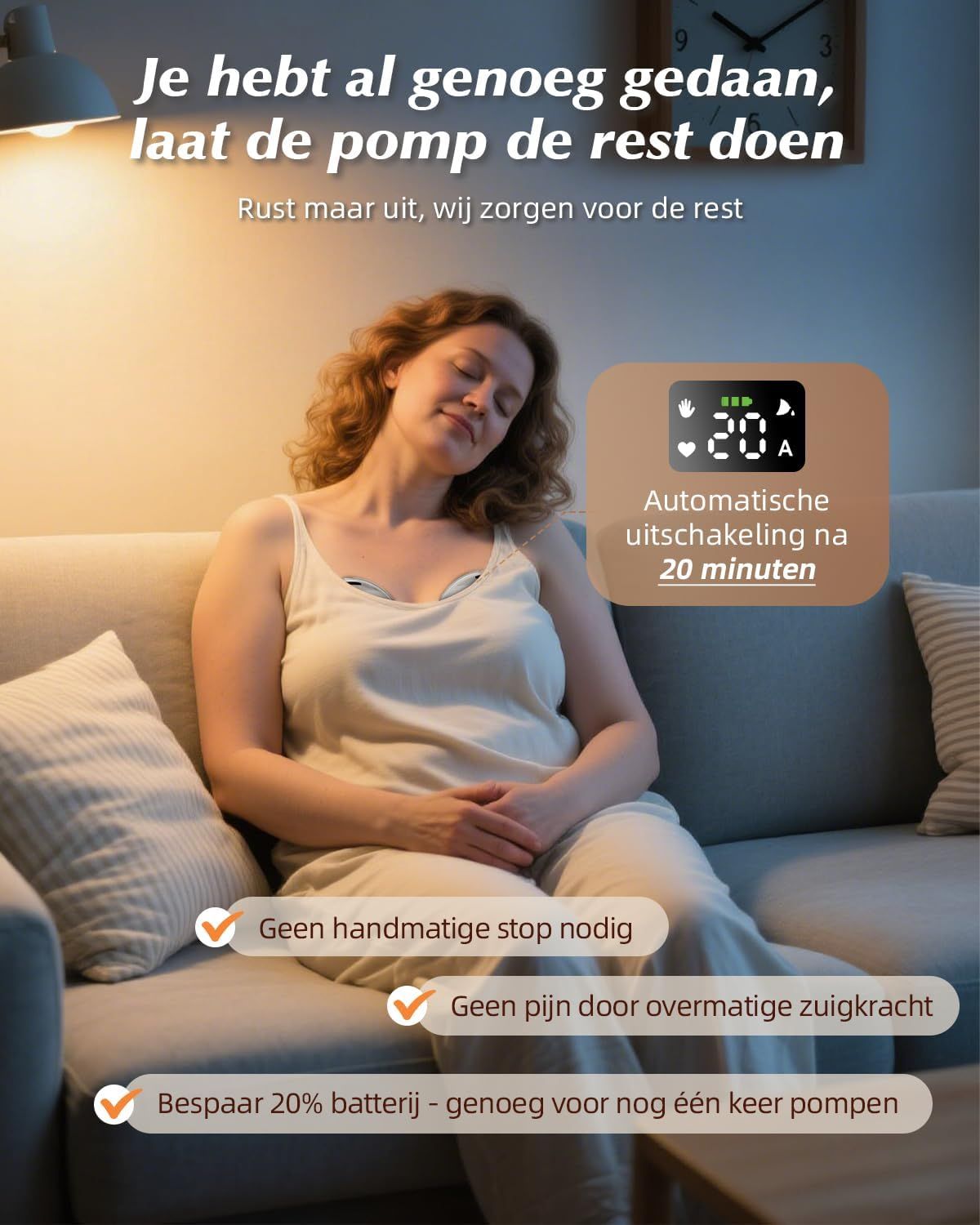 Vrouw rust op bank, borstkolf display toont 20A en automatische uitschakeling na 20 minuten.