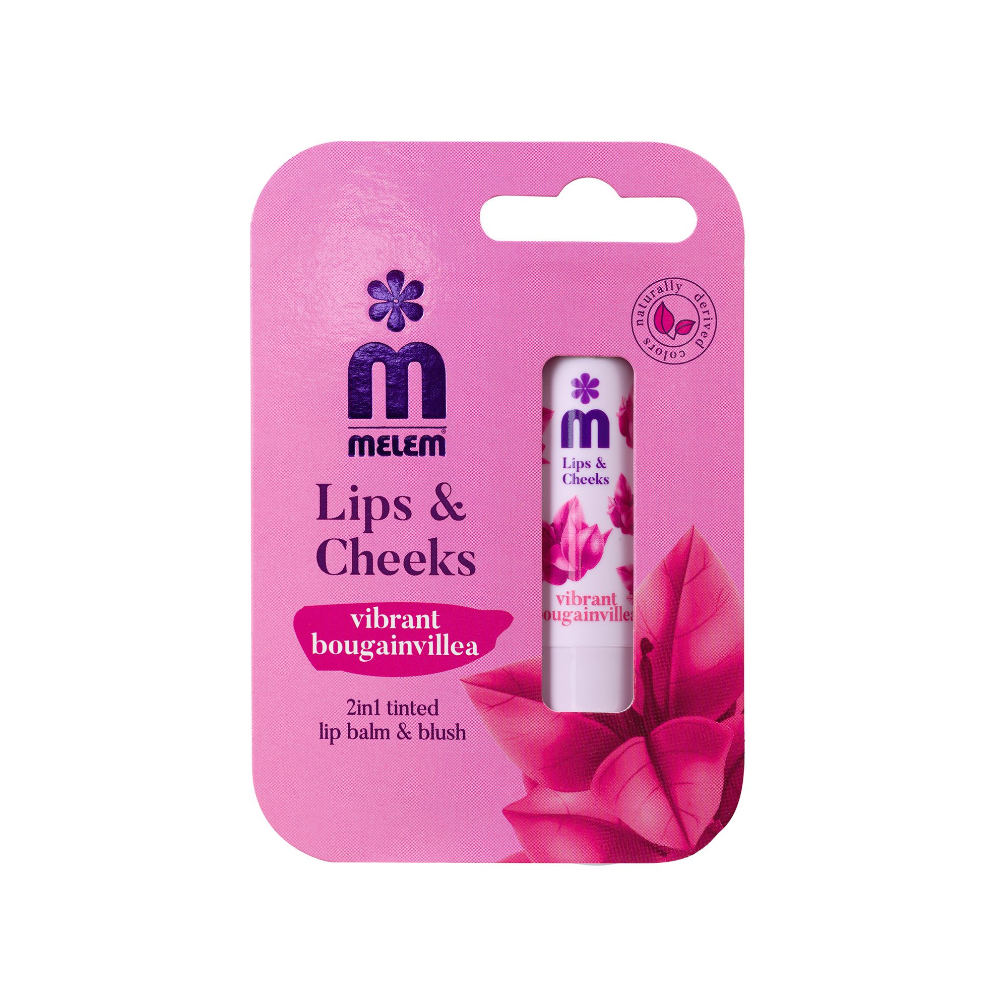 Verpakking met lipbalsem. Roze kaart met logo, productnaam en tekst. Kleine lipbalsem zichtbaar.