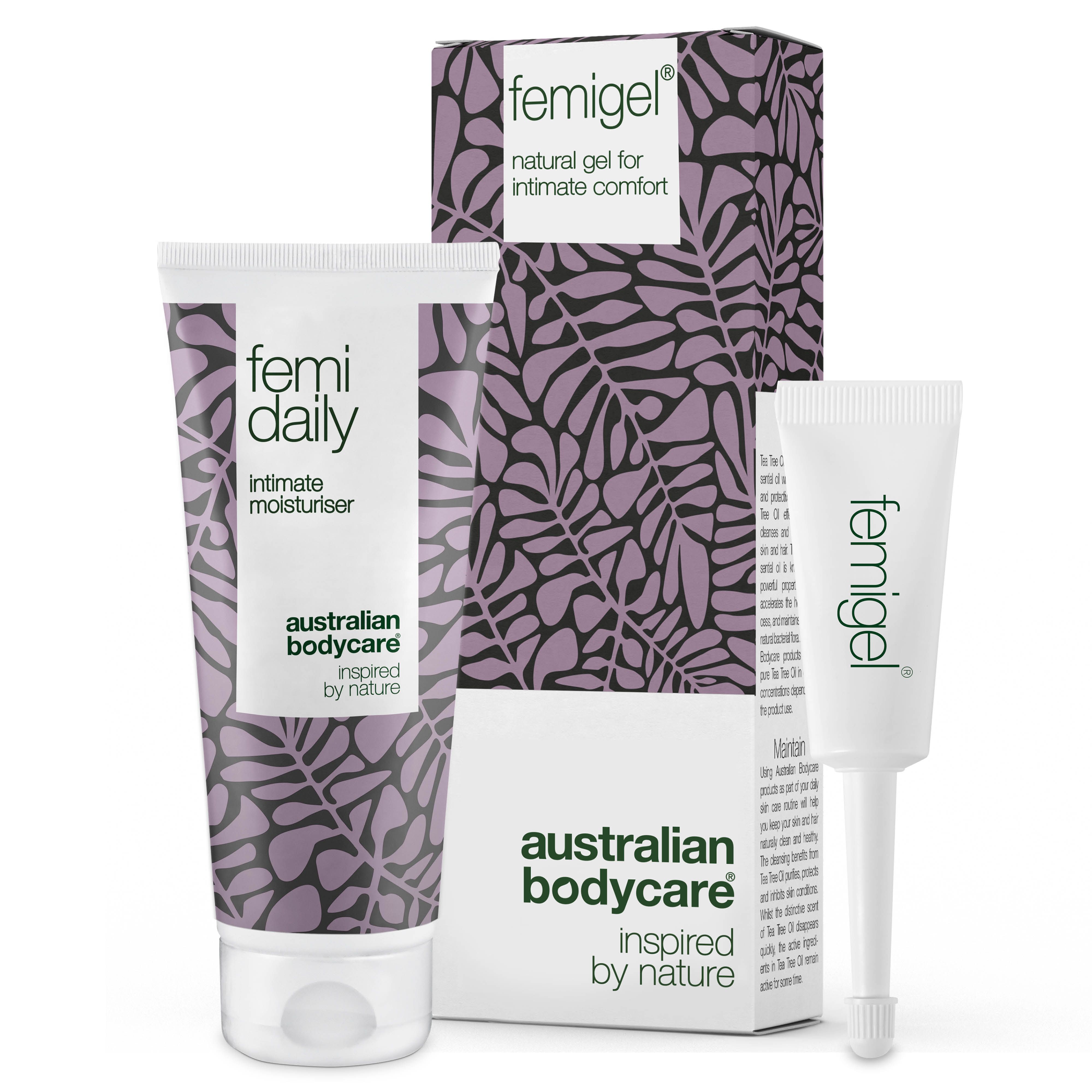 Drie producten: Femigel, Femidaily en een verpakking. Femigel is een gel, Femidaily een moisturizer. Verpakking met patroon.