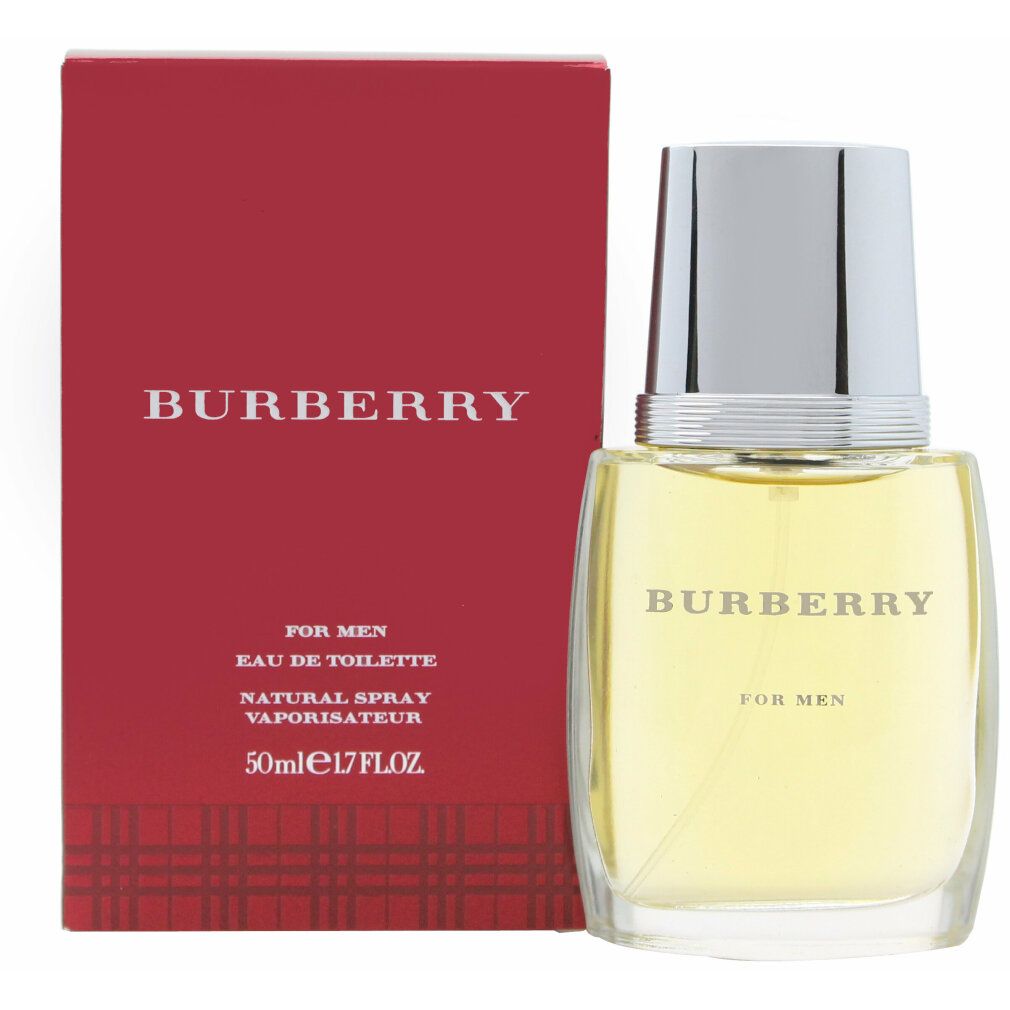 Burberry For Men Eau De Toilette Spray. Fles en rode verpakking. Opschrift: Burberry For Men, Eau De Toilette, 50ml.