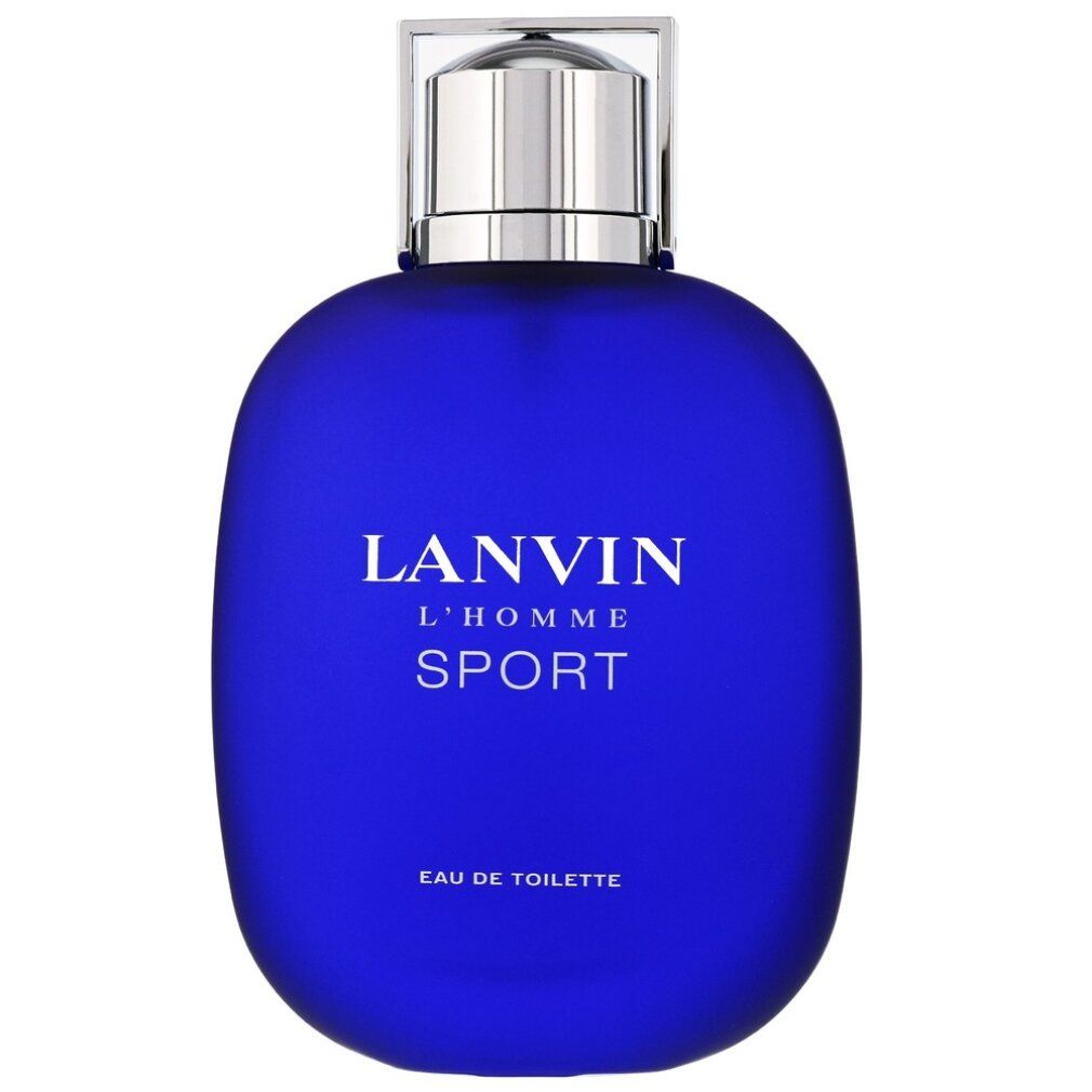 Blauwe fles met zilveren dop. Opschrift: LANVIN L'HOMME SPORT. Eau de Toilette.