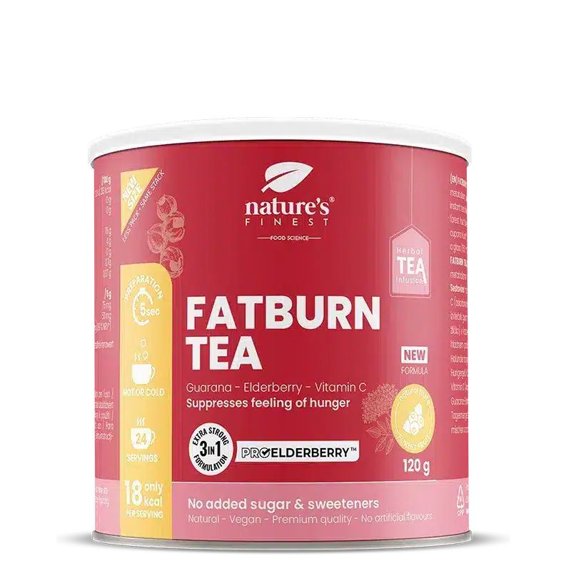 Boîte Nature's Finest Fatburn Tea, 120g. Contient Guarana, Sureau, Vitamine C.