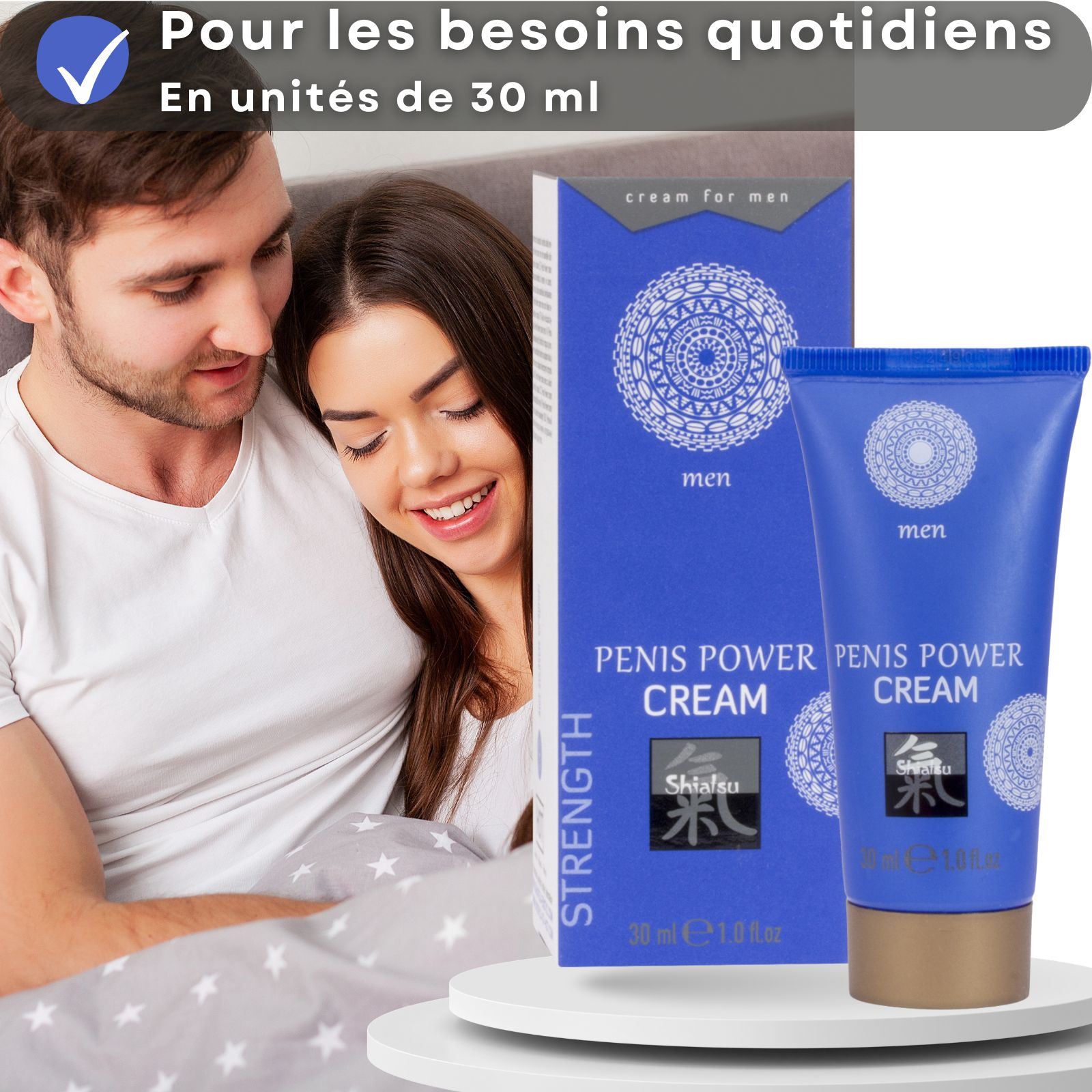 Boîte et tube de Shiatsu Penis Power Creme, bleus, avec motif mandala, texte et sceau.