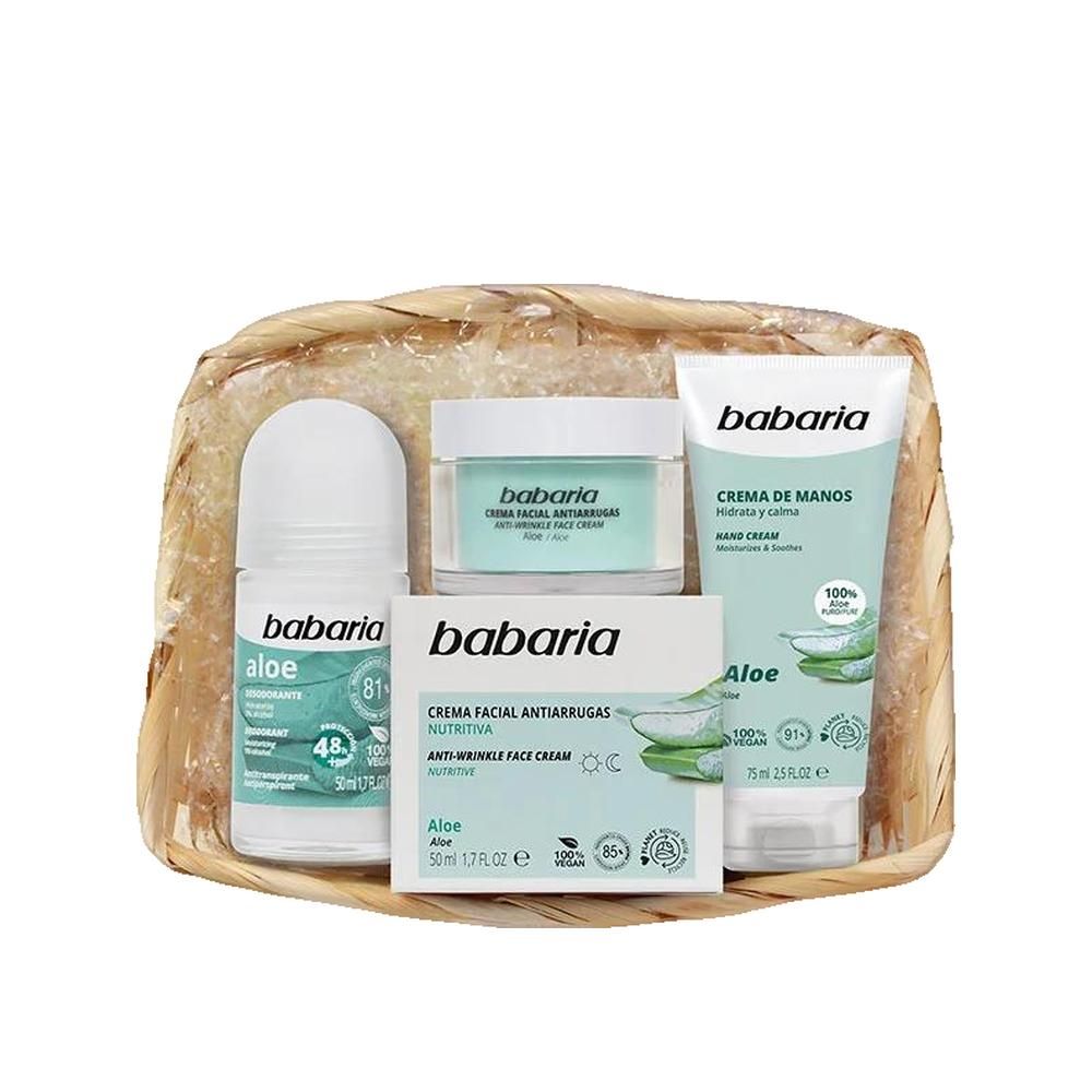 Babaria geschenkset. Bevat crème, handcrème, deodorant en anti-rimpelcrème. Verpakt in een mand.