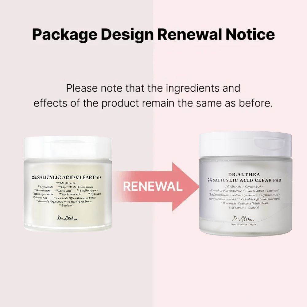Vergelijking van verpakkingsontwerpen van Dr. Althea 2% Salicylic Acid Clear Pad voor en na vernieuwing.