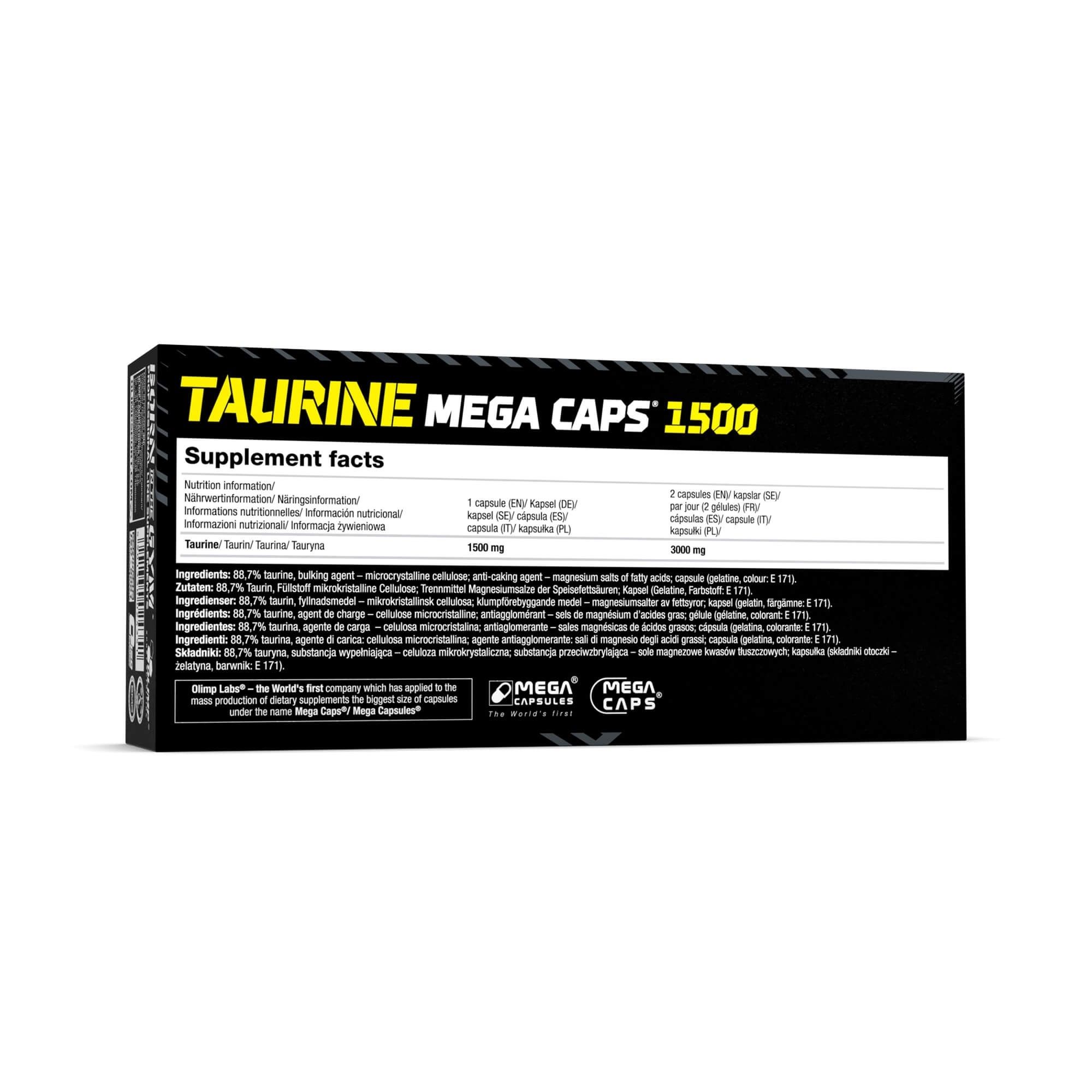 Arrière de l'emballage Olimp Taurine Mega Caps 1500, informations nutritionnelles.