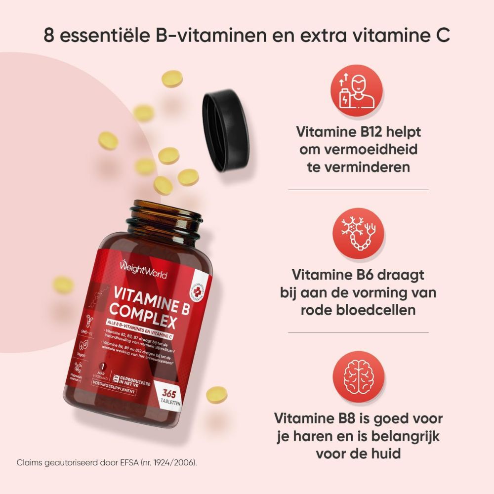Fles Vitamine B Complex. Tekst: 8 essentiële B-vitaminen en extra vitamine C. Illustraties over gezondheid.