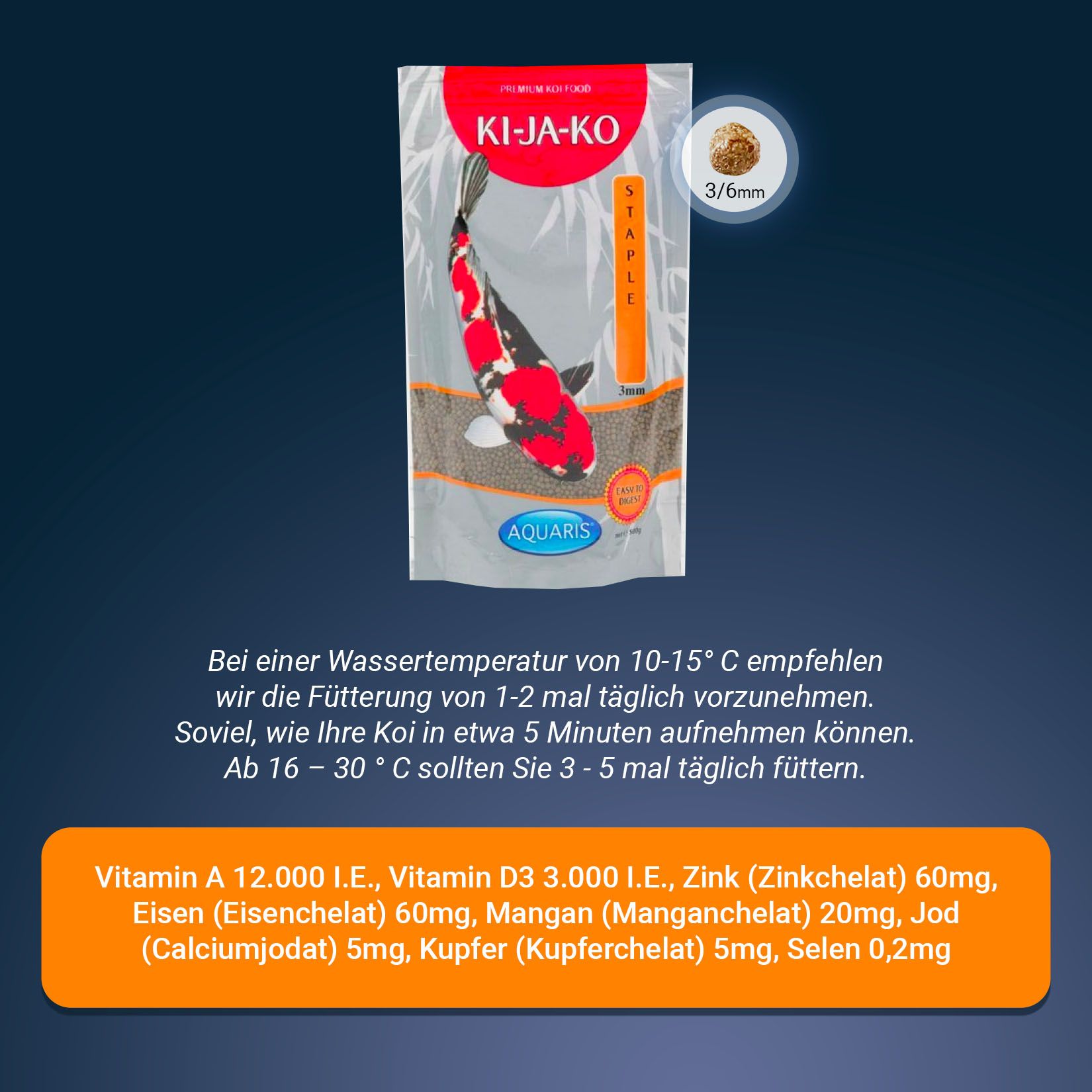 Verpakking van KI-JA-KO koi-visvoer. Bevat informatie over voedingsaanbevelingen en ingrediënten.