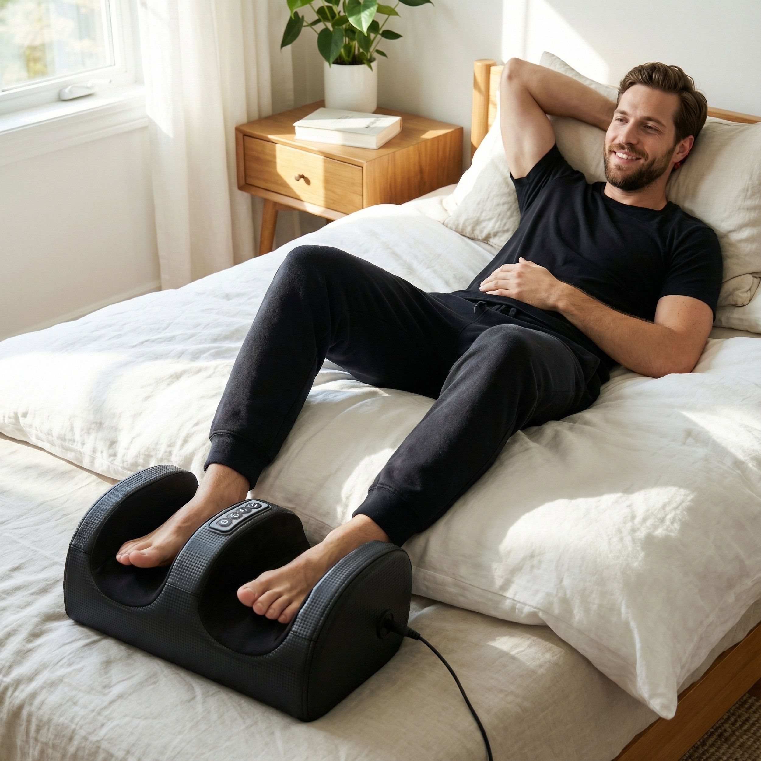 Zwart voetmassageapparaat. Man op bed, voeten in apparaat. Bedieningspaneel. Kabel.