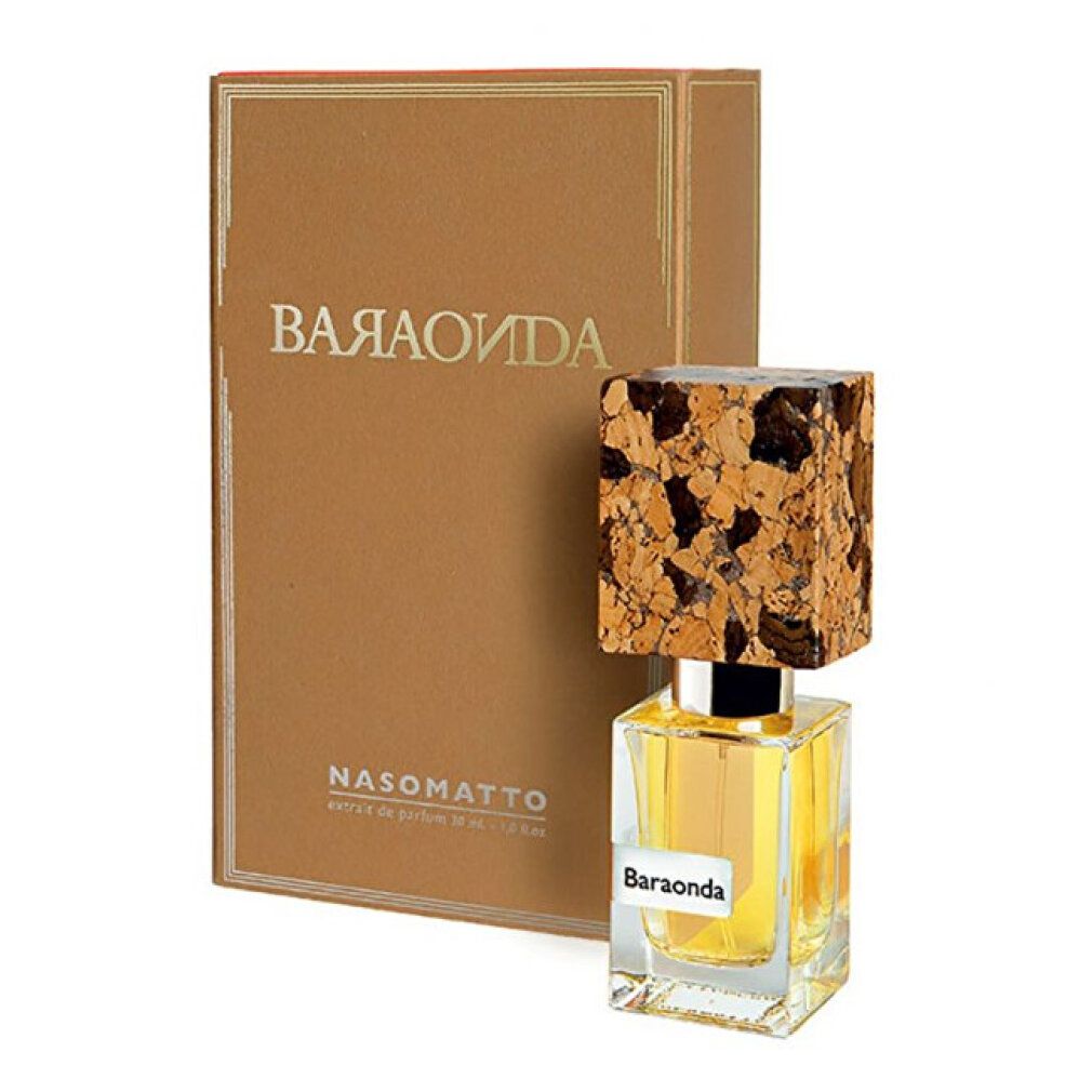 Flacon de parfum avec bouchon en liège et boîte. Inscription : Nasomatto Baraonda Extrait De Parfum. Flacon en verre carré avec étiquette blanche.