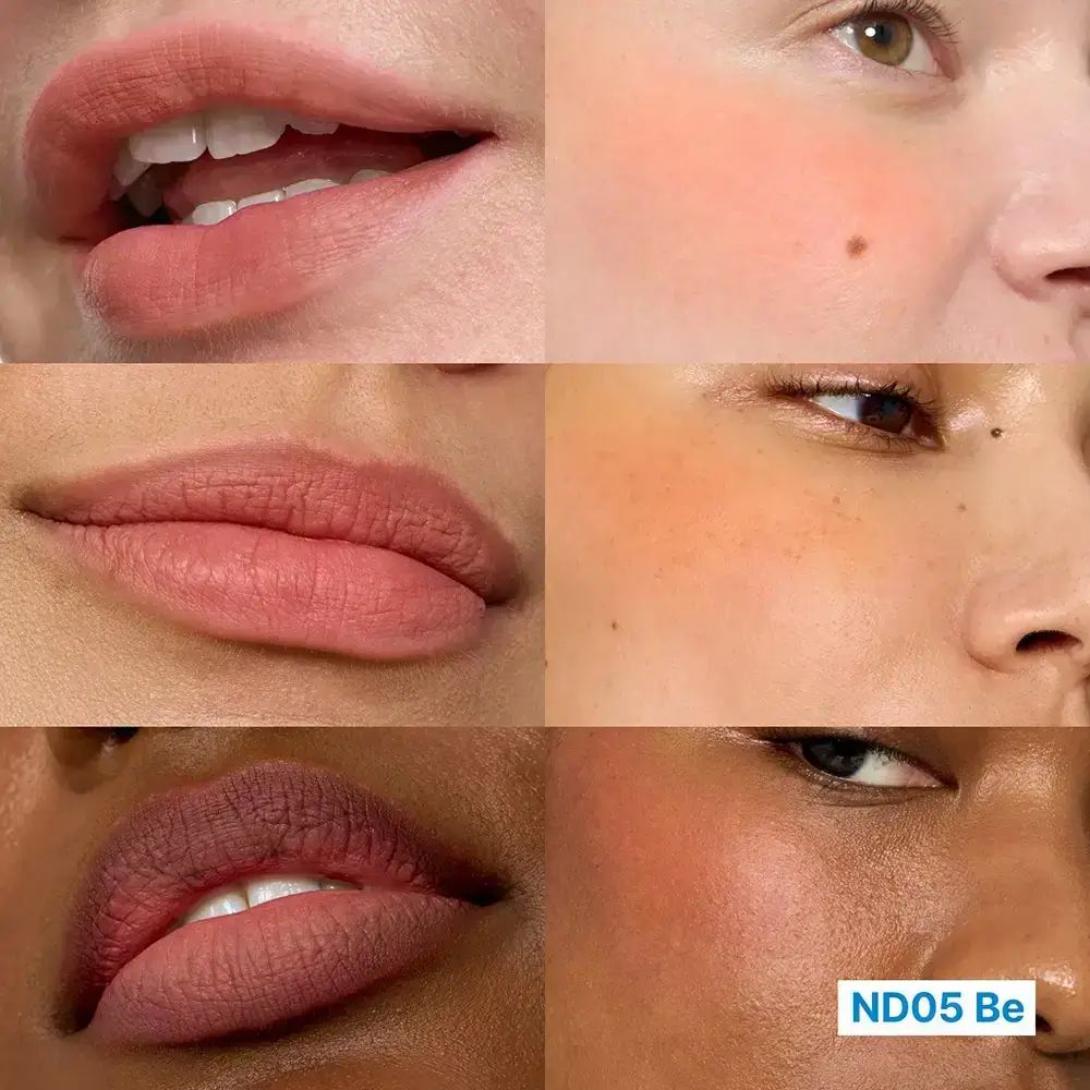 Verschillende close-ups van lippen en wangen met roze make-up. Tekst: ND05 Be.