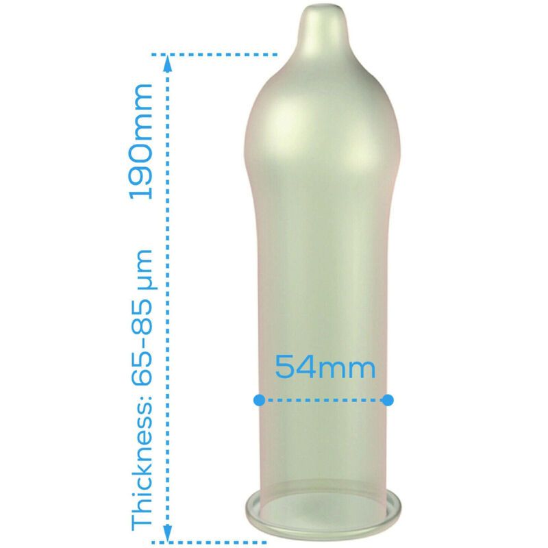 Préservatif transparent avec dimensions: 190mm longueur, 65-85 µm épaisseur, 54mm diamètre.