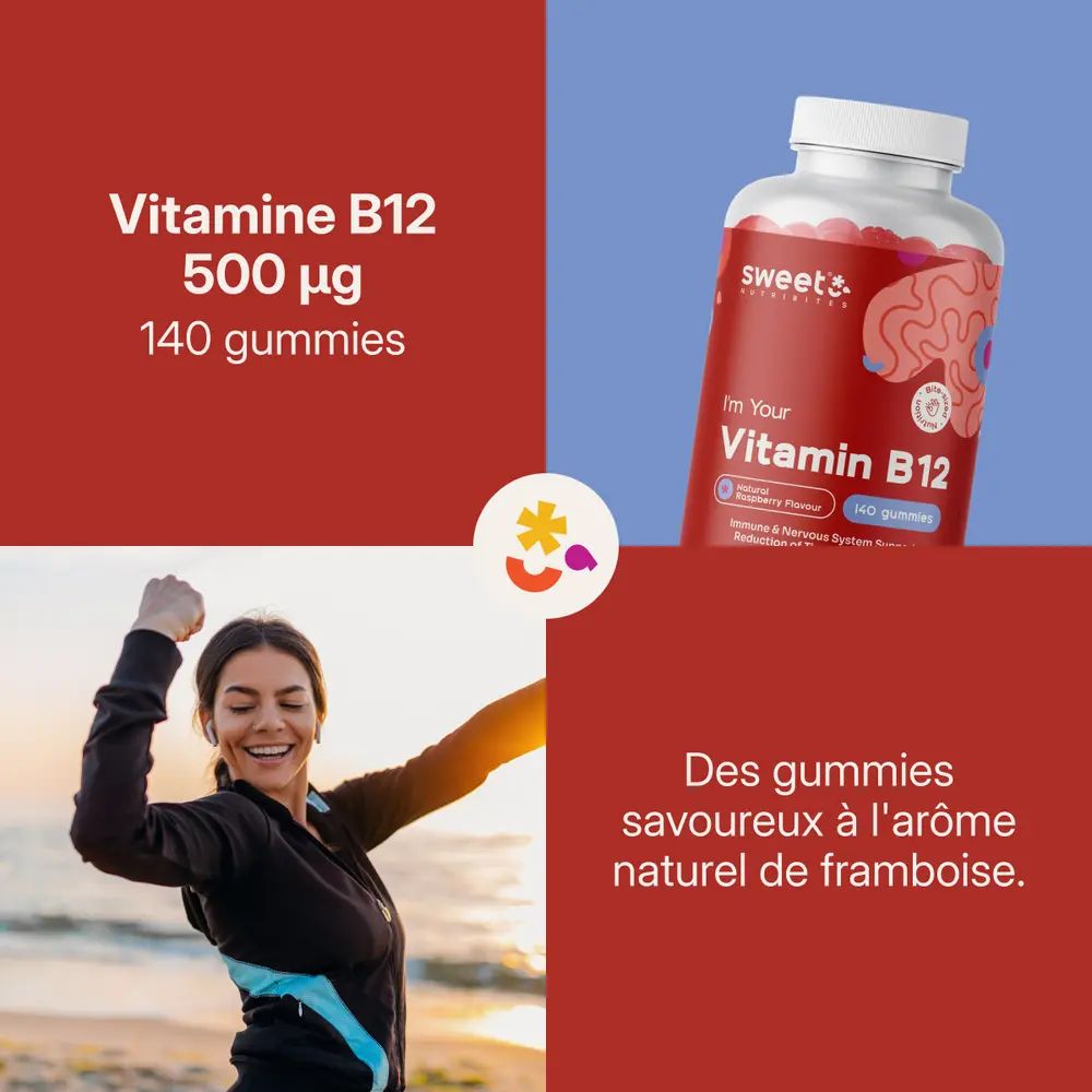 Vitamine B12 500 µg et 140 gommes. Femme sur la plage. Texte: Gommes savoureuses à l'arôme de framboise.